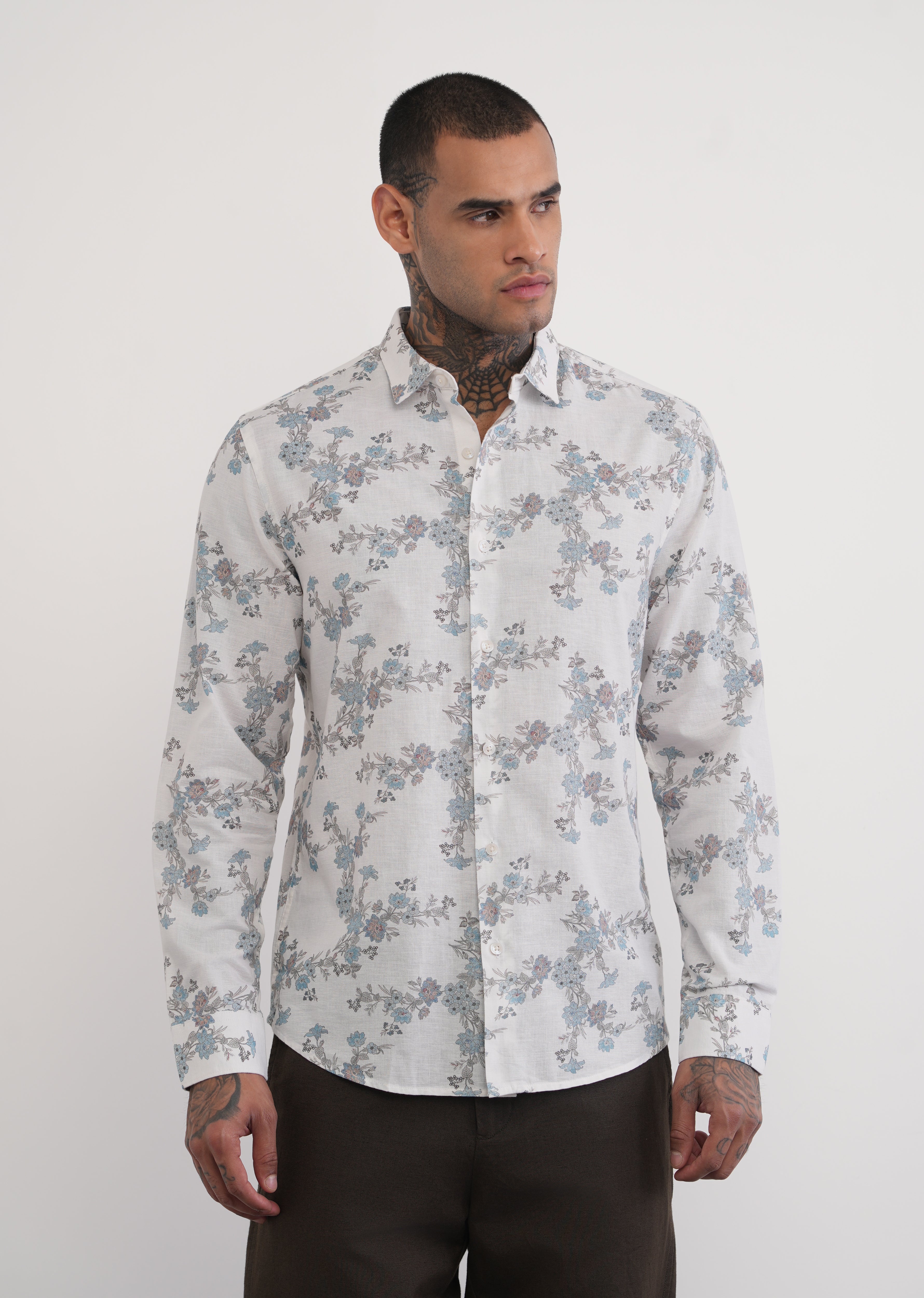 White Floral Print Cotton Linen Shirt