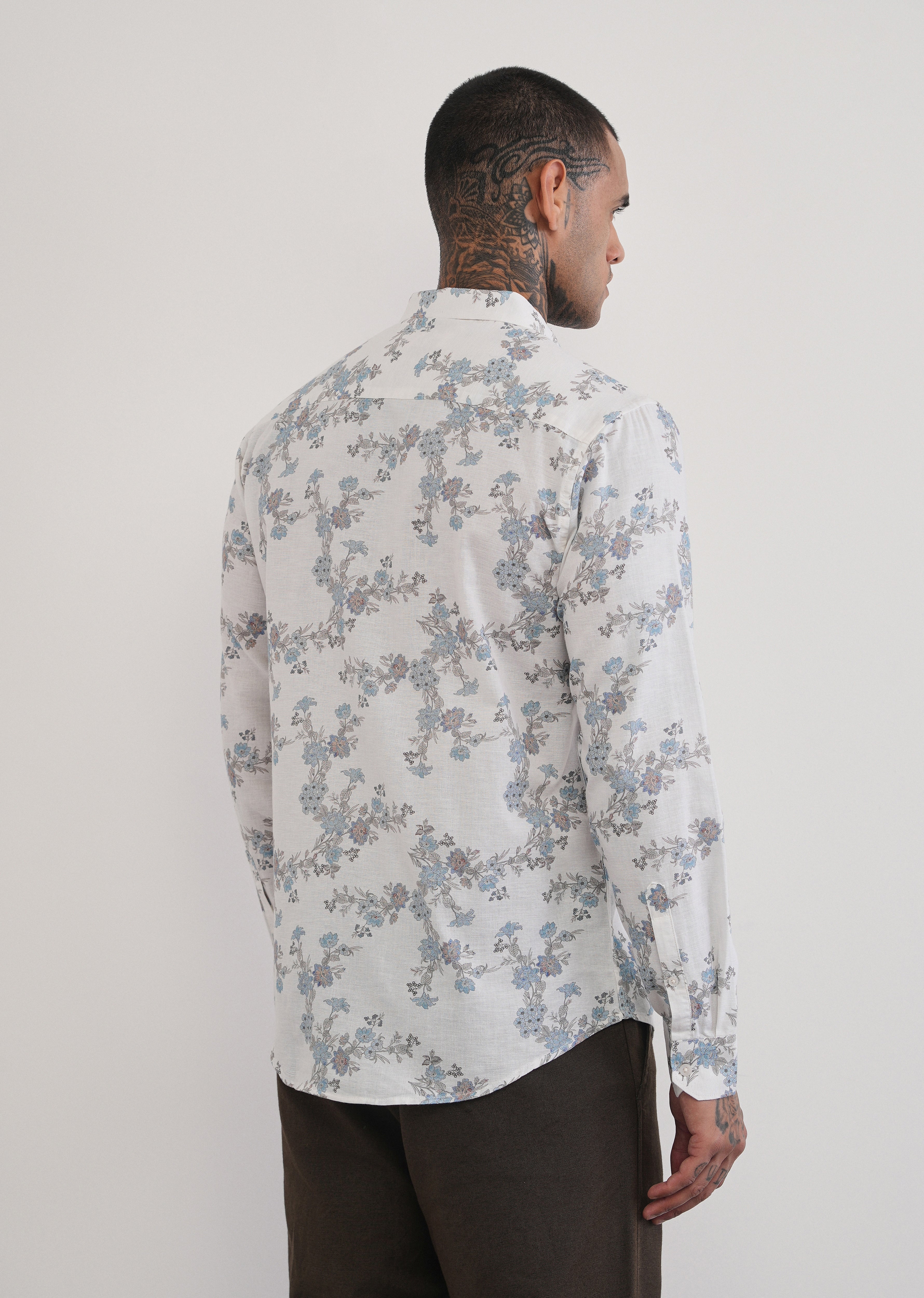 White Floral Print Cotton Linen Shirt