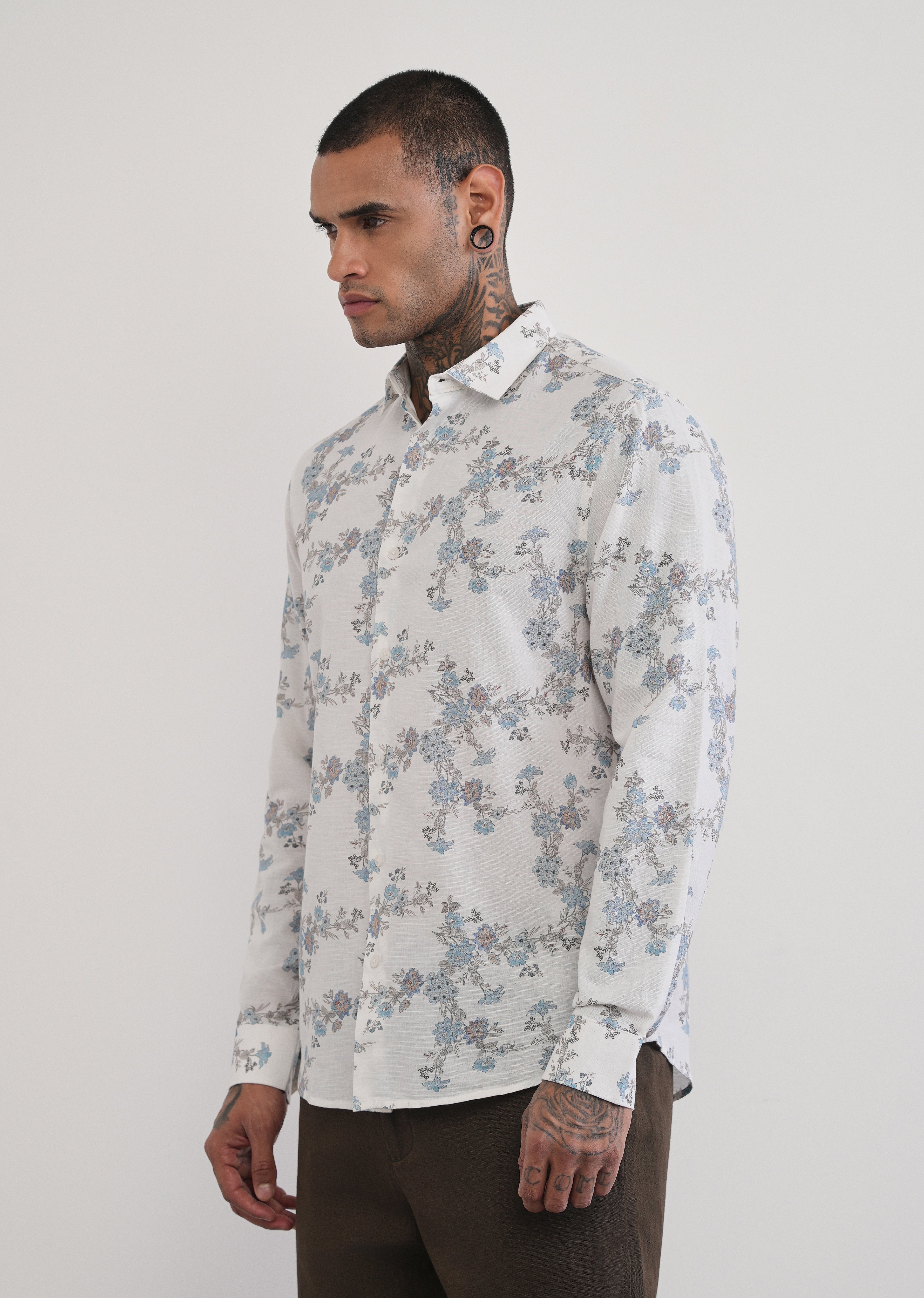 White Floral Print Cotton Linen Shirt