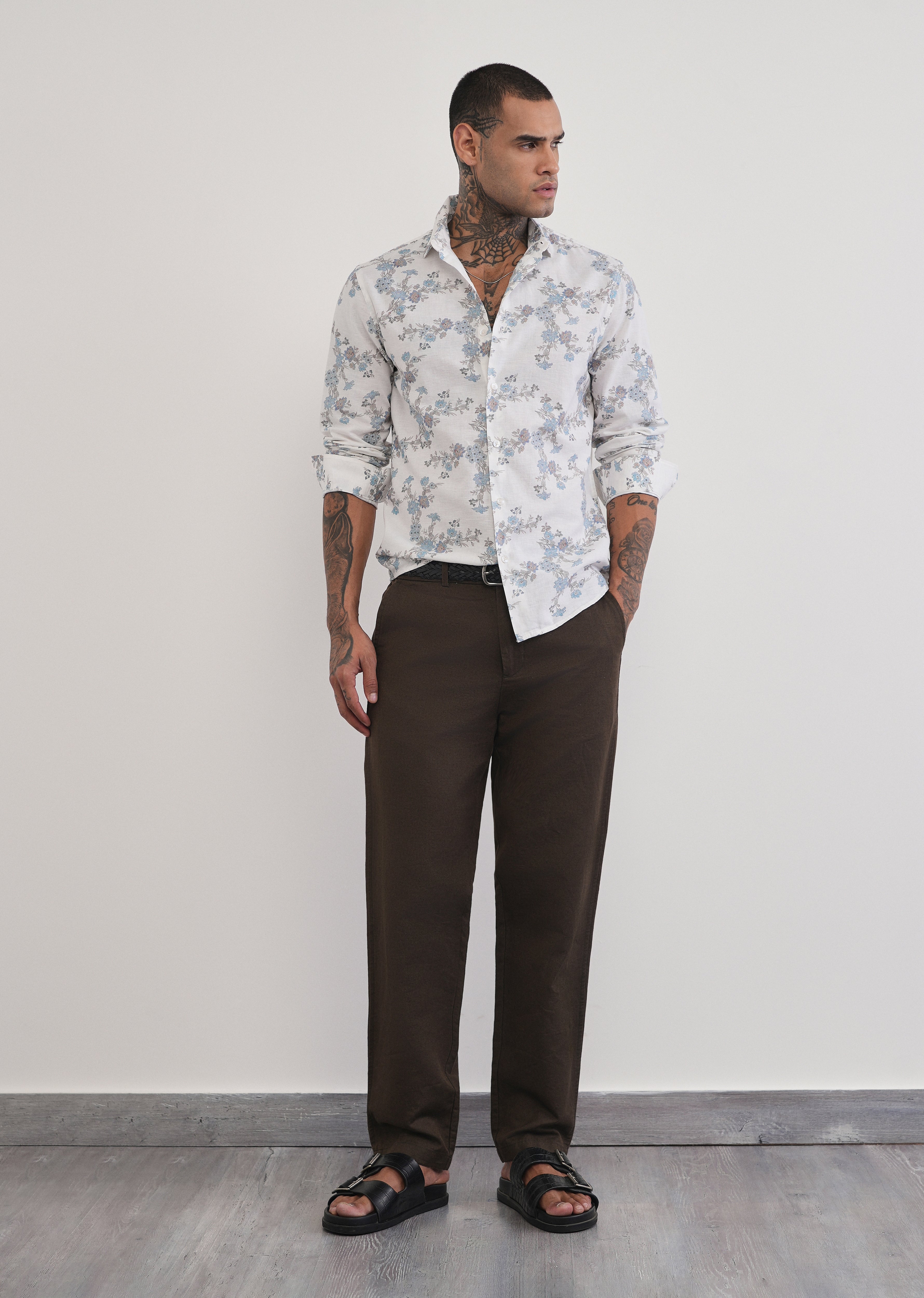 White Floral Print Cotton Linen Shirt