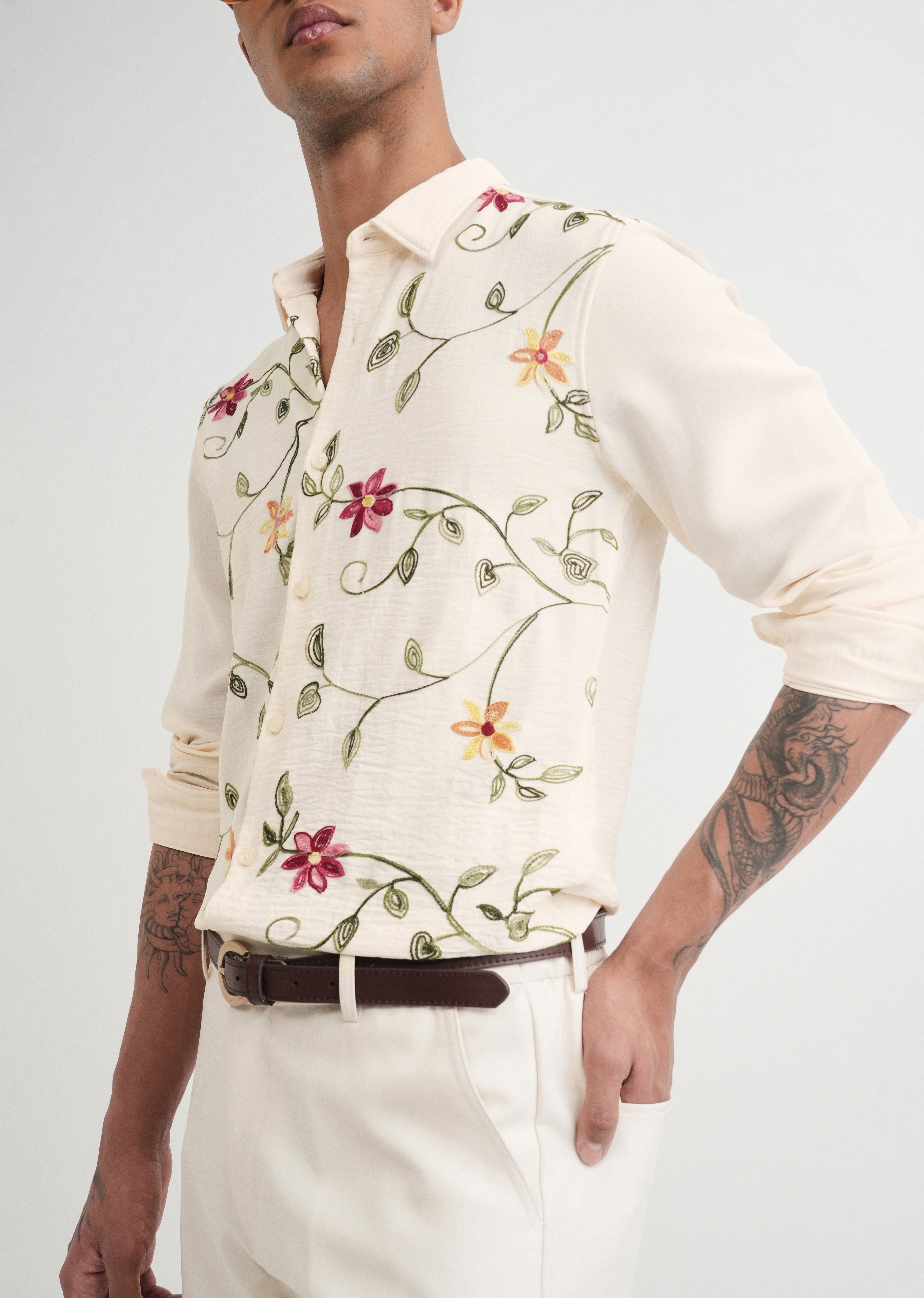 Cream Floral Thread Work Shirt