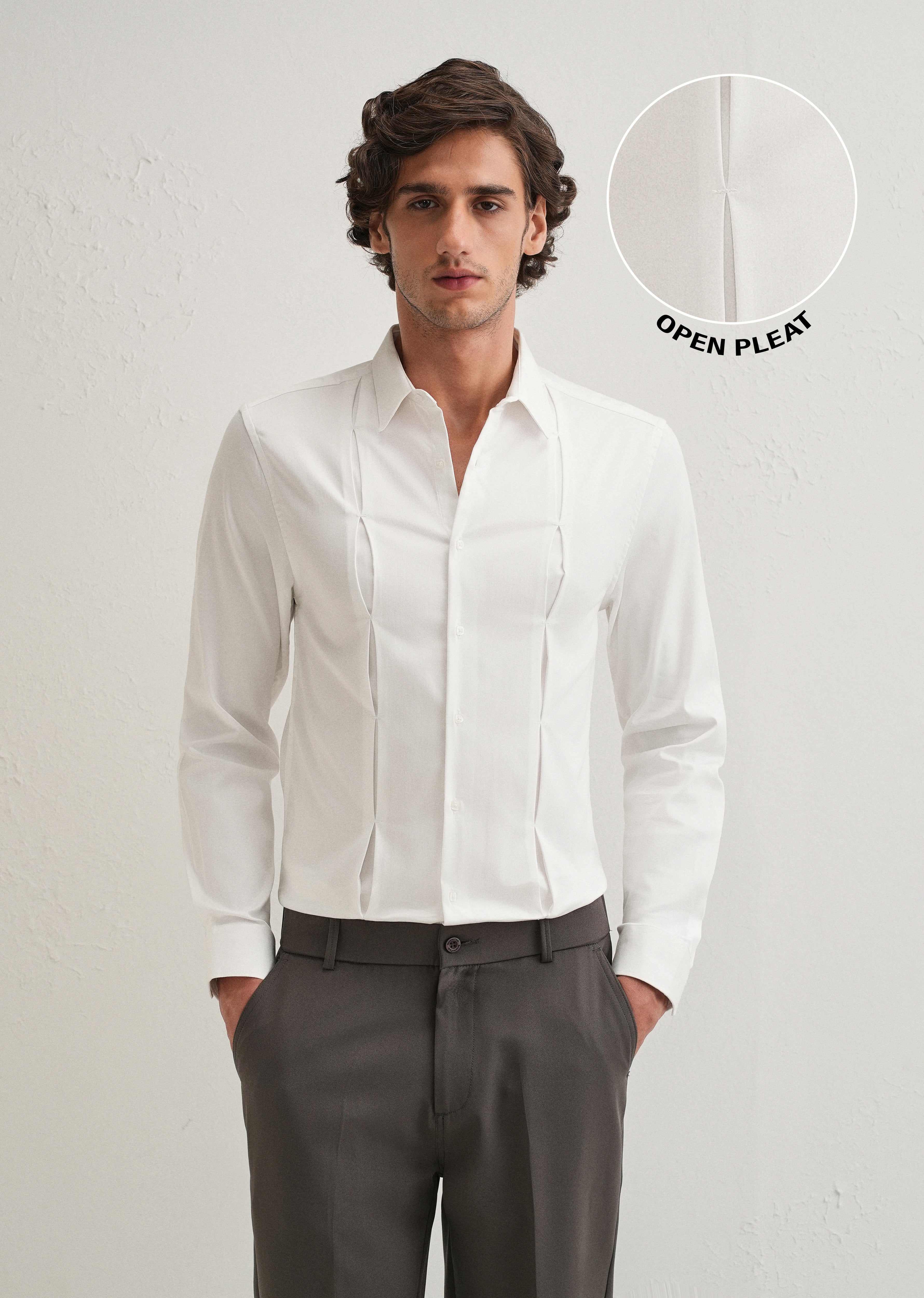 White Front Panel Open Pleat Shirt
