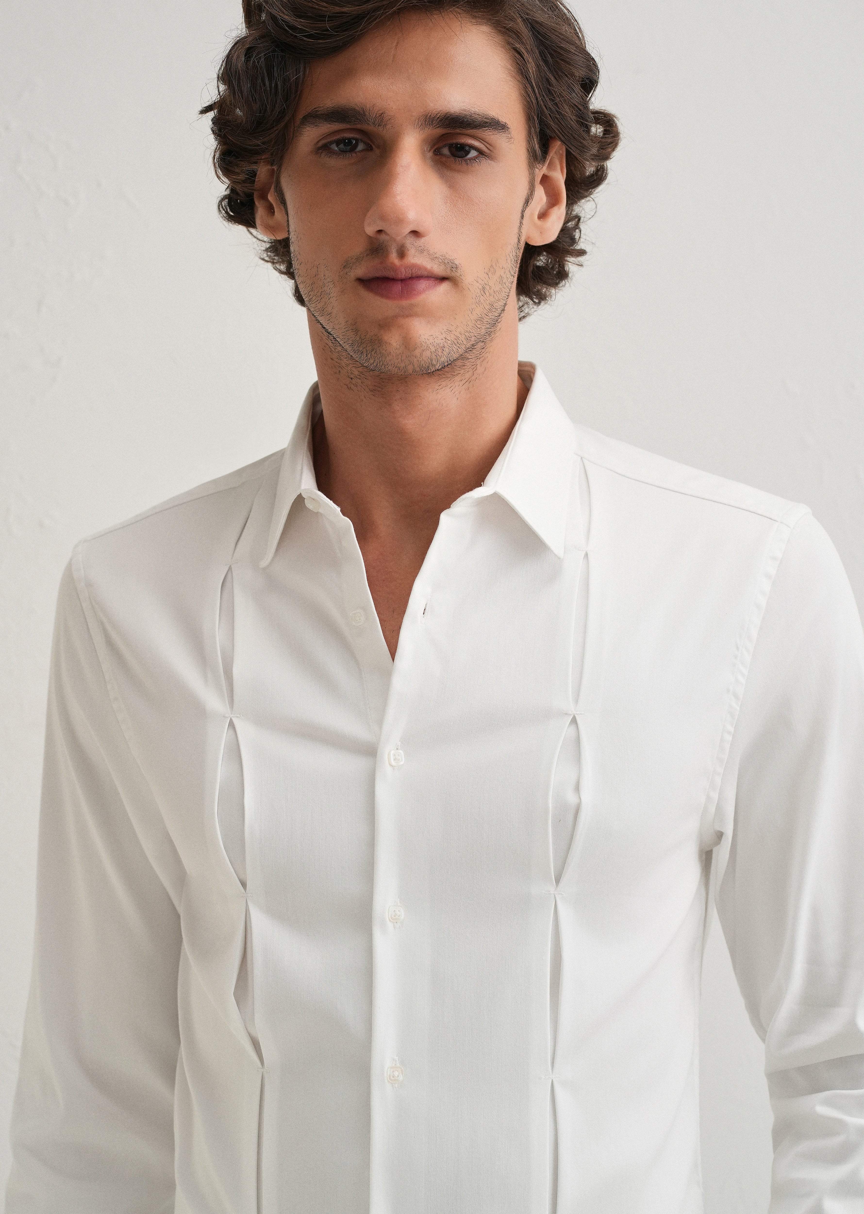 White Front Panel Open Pleat Shirt
