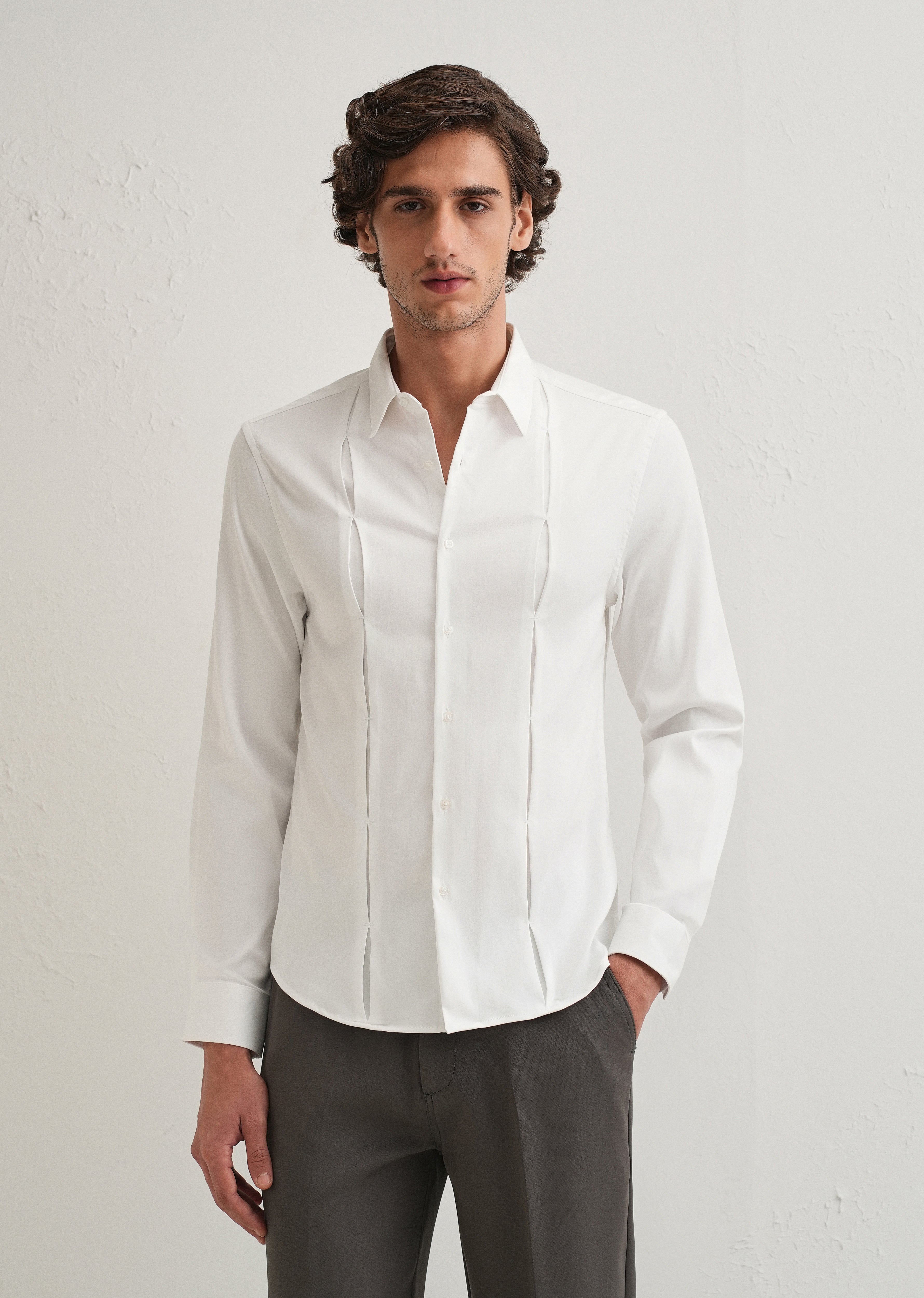White Front Panel Open Pleat Shirt