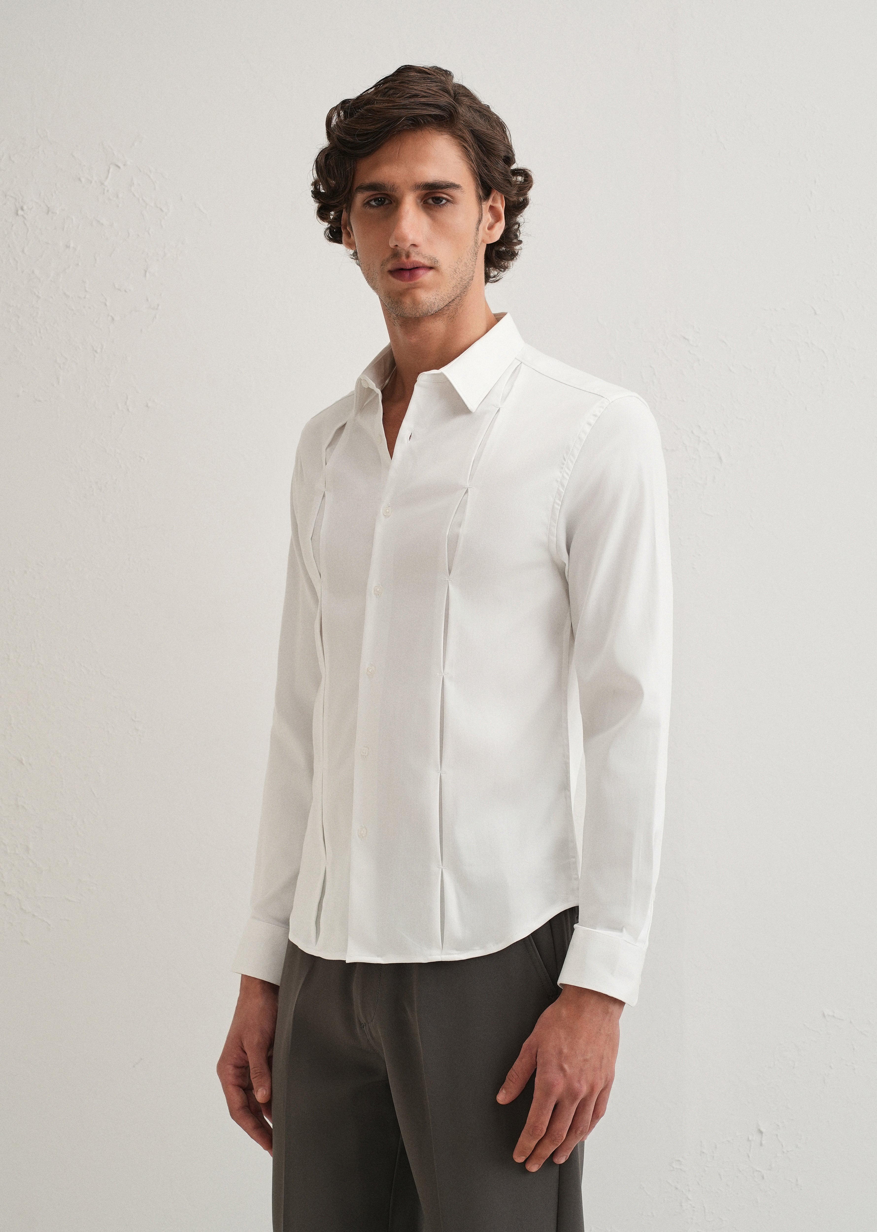 White Front Panel Open Pleat Shirt