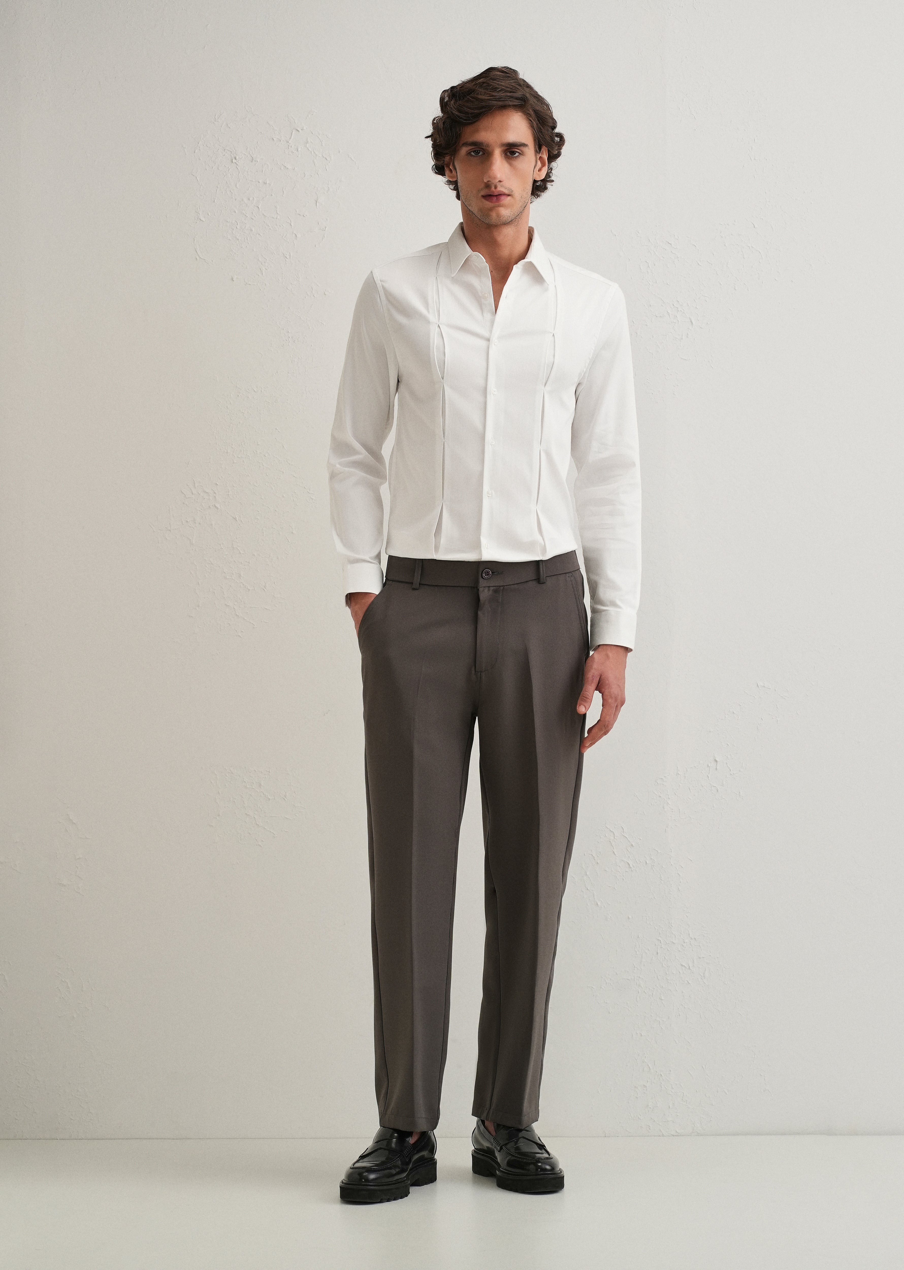 White Front Panel Open Pleat Shirt