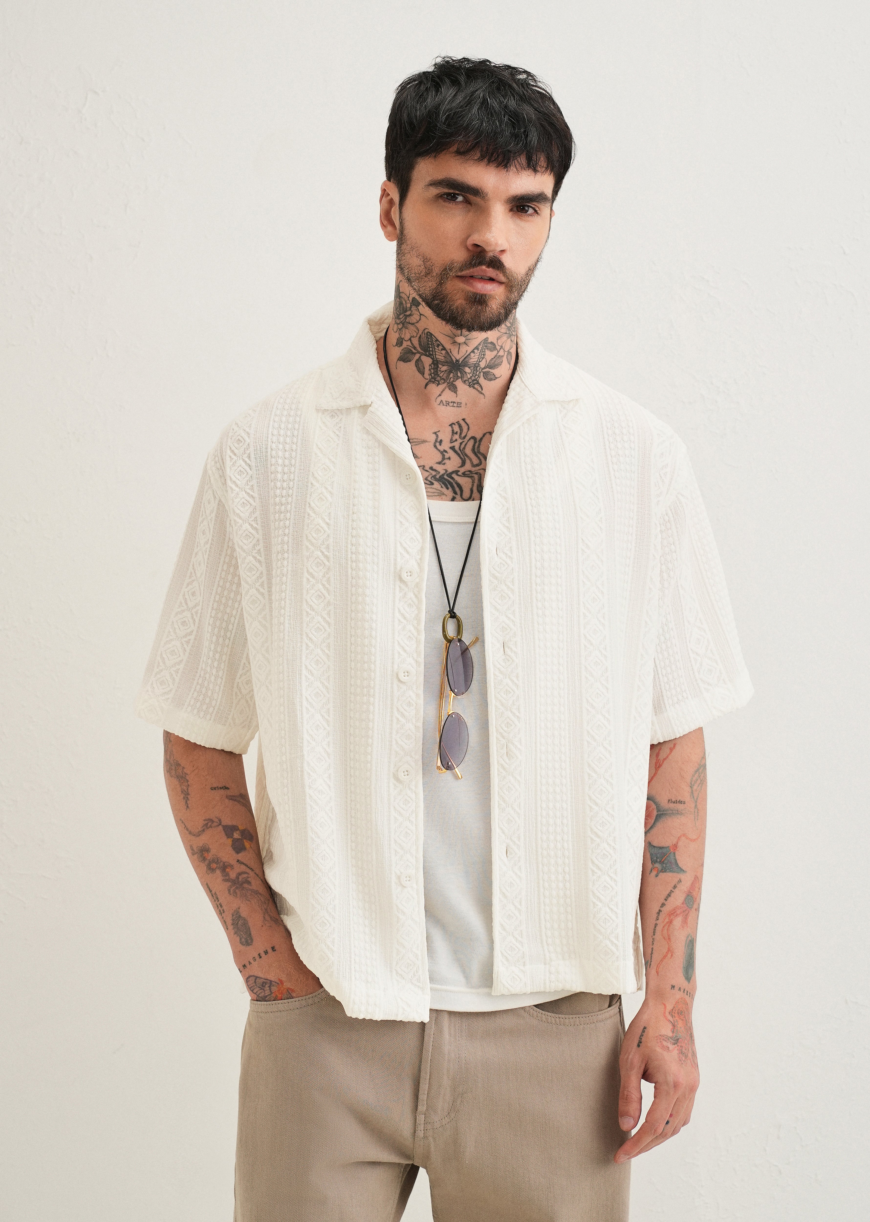 White Geometric Textured Shirt