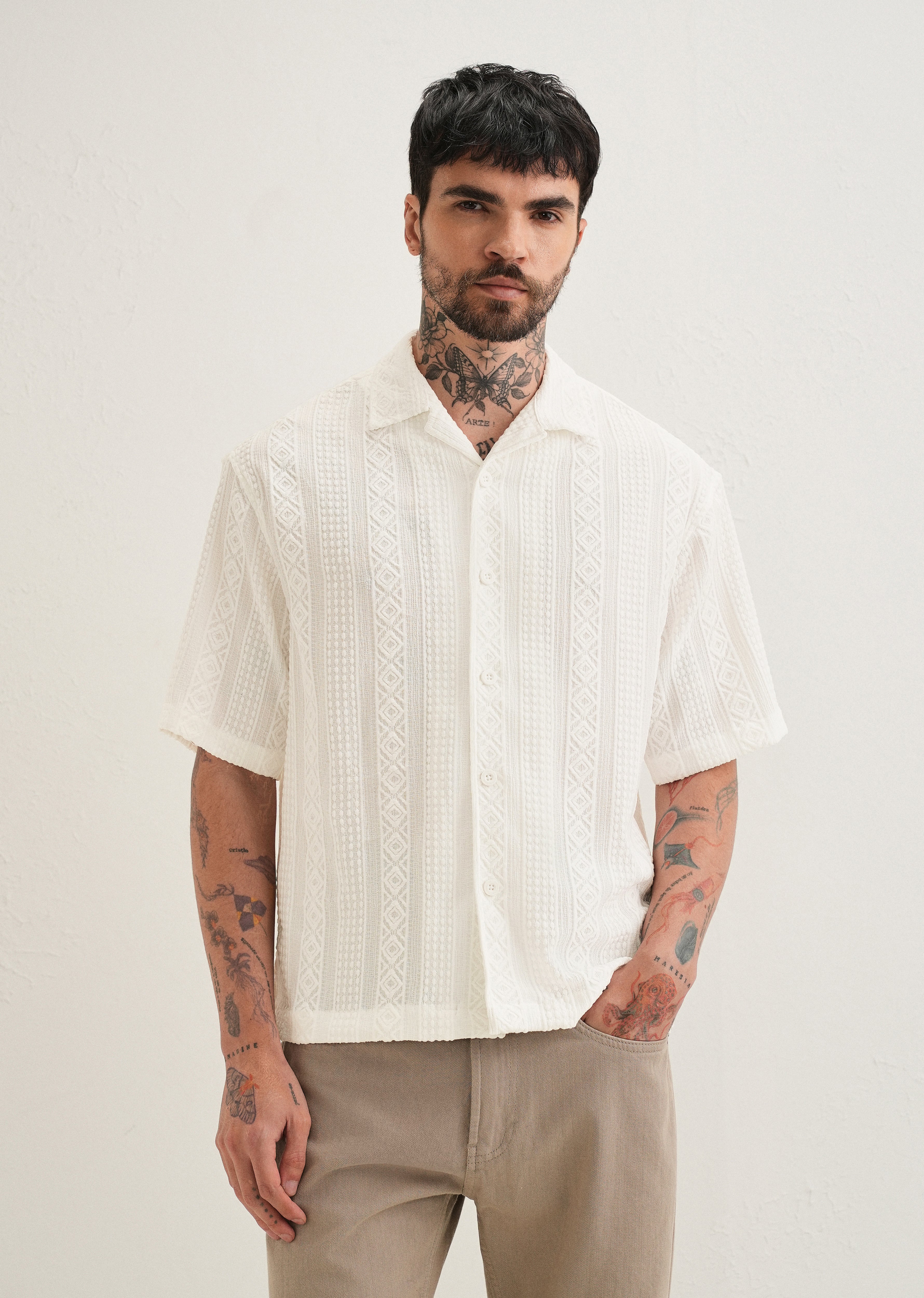 White Geometric Textured Shirt