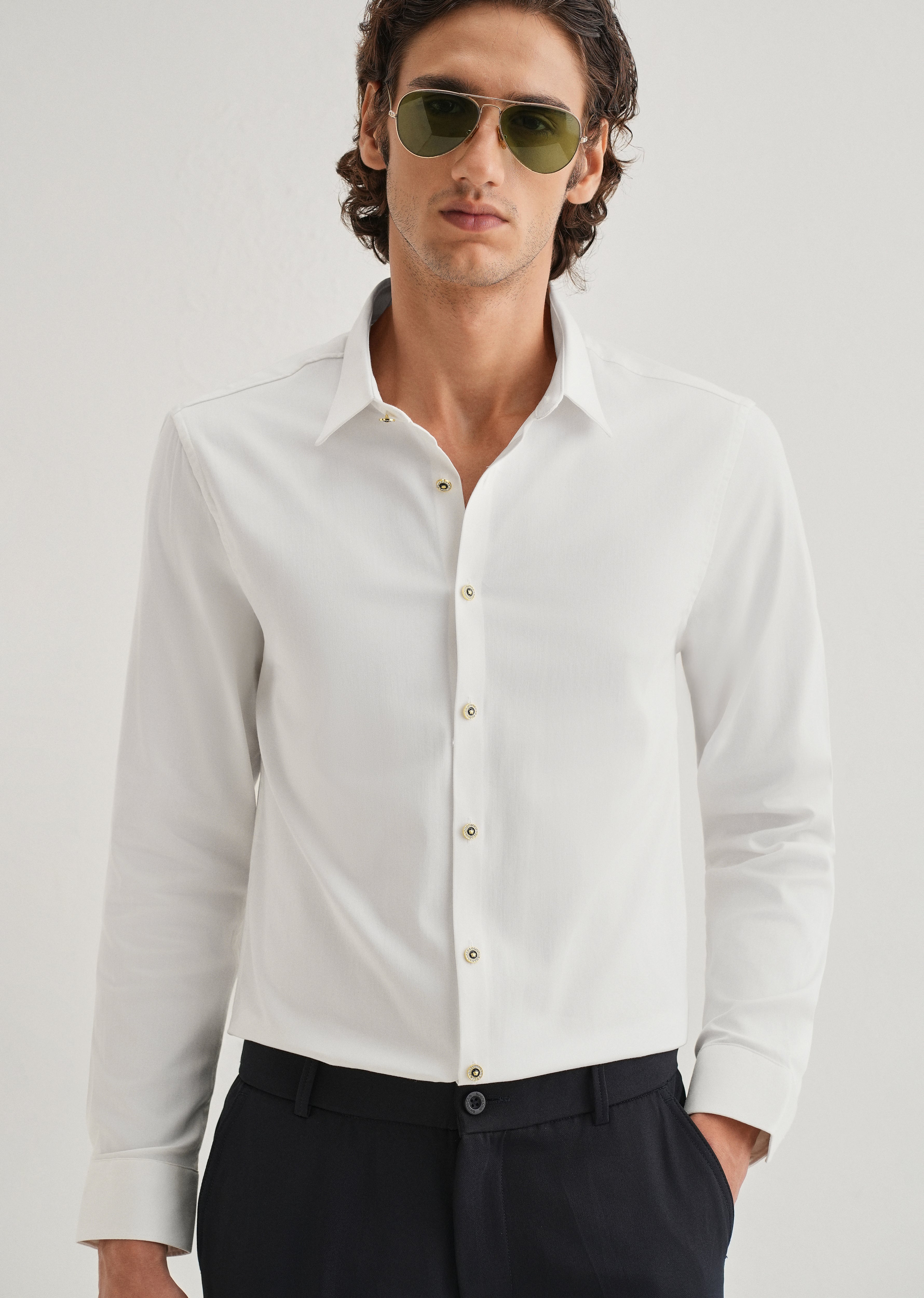 White Glossy Gold Embellished Button Shirt