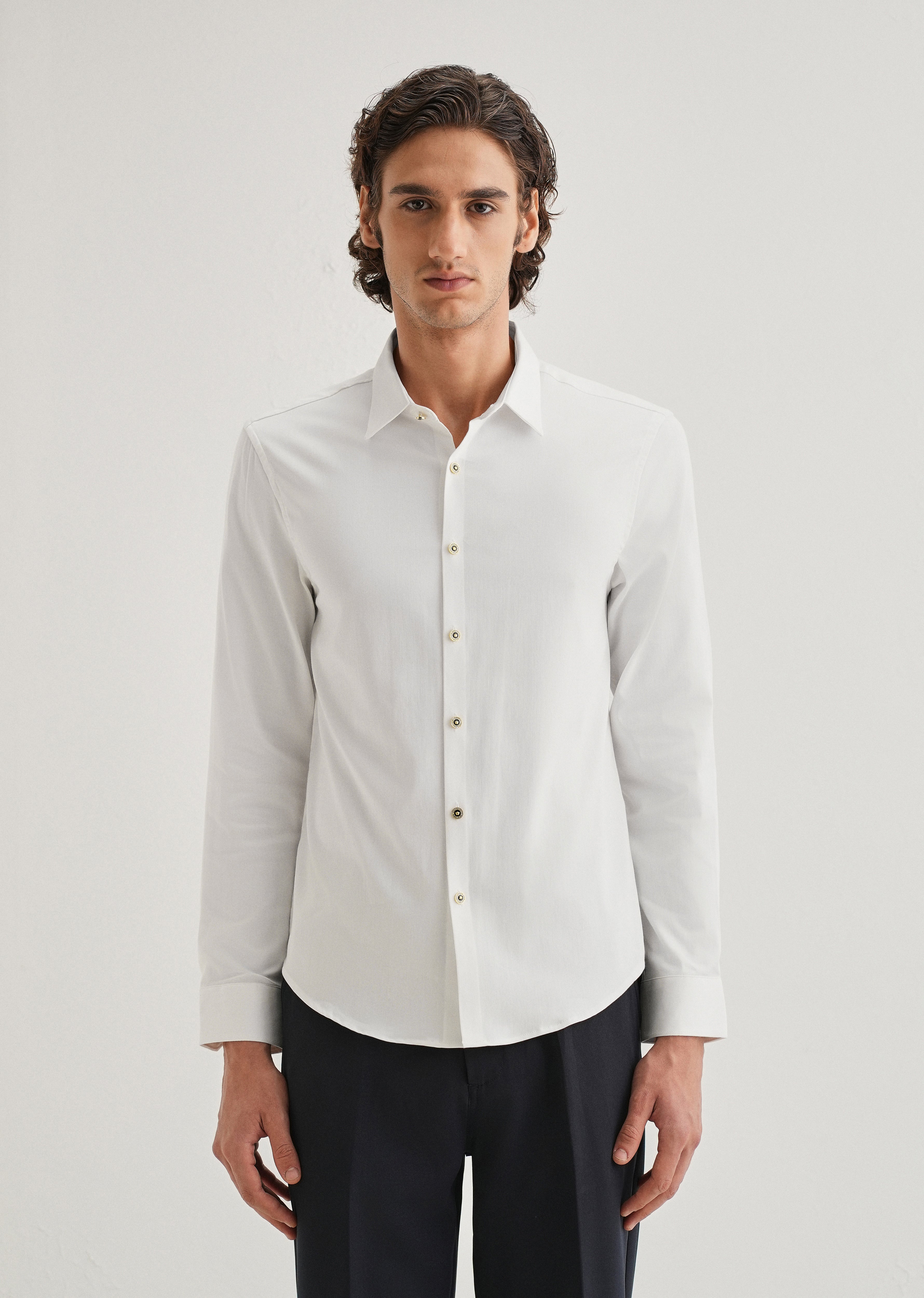 White Glossy Gold Embellished Button Shirt
