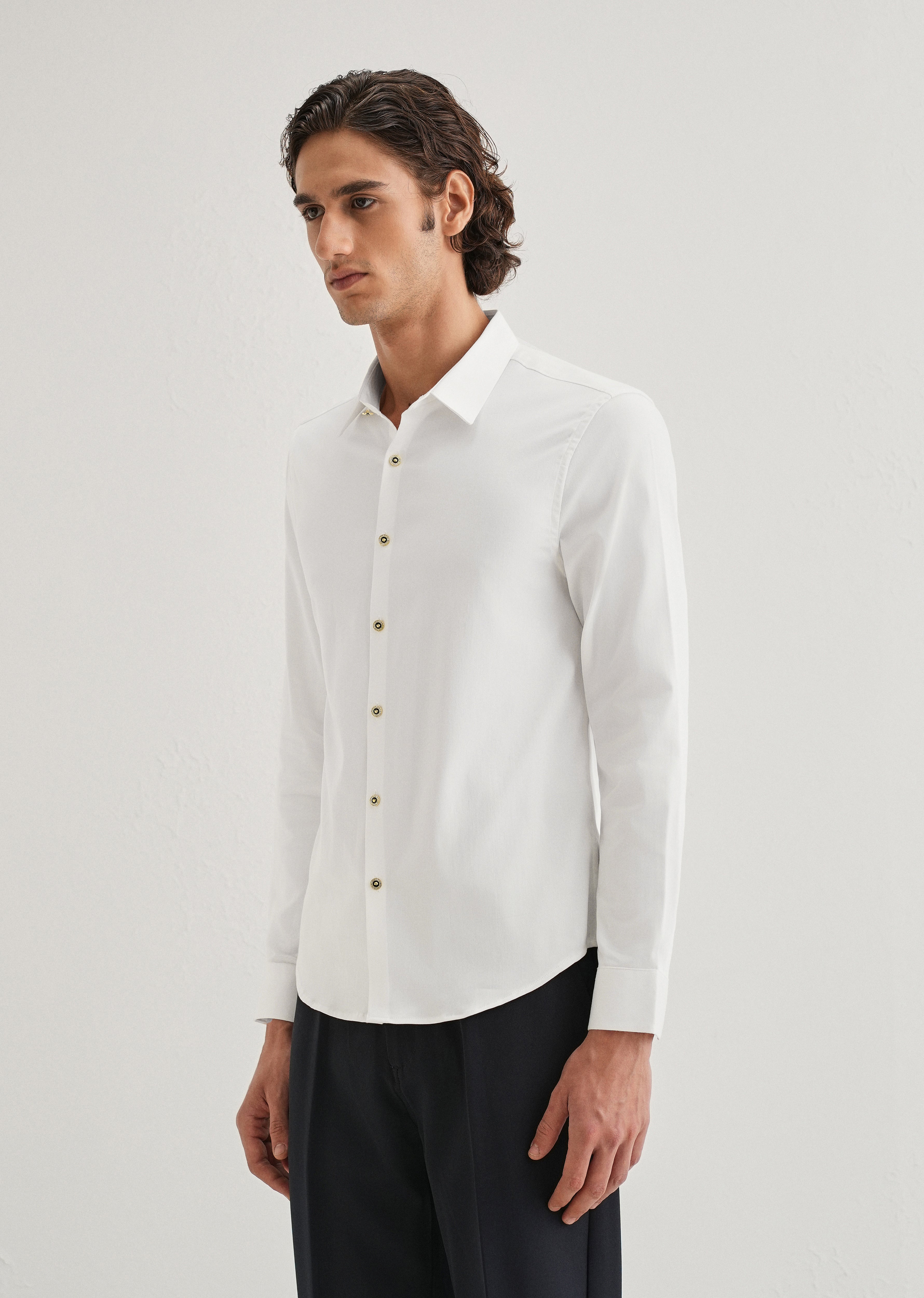 White Glossy Gold Embellished Button Shirt