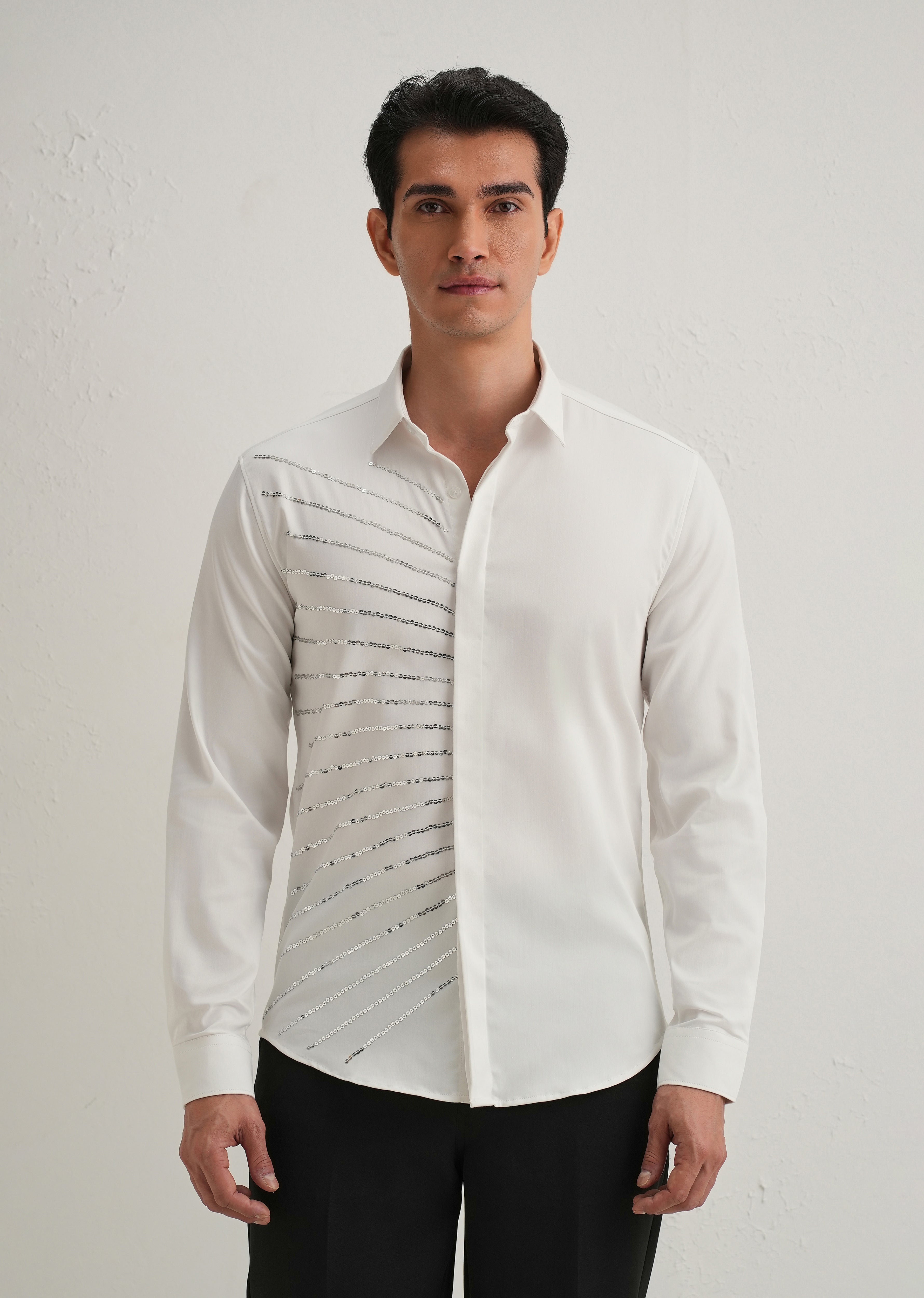 White Gradient Ray Sequin Designer Shirt