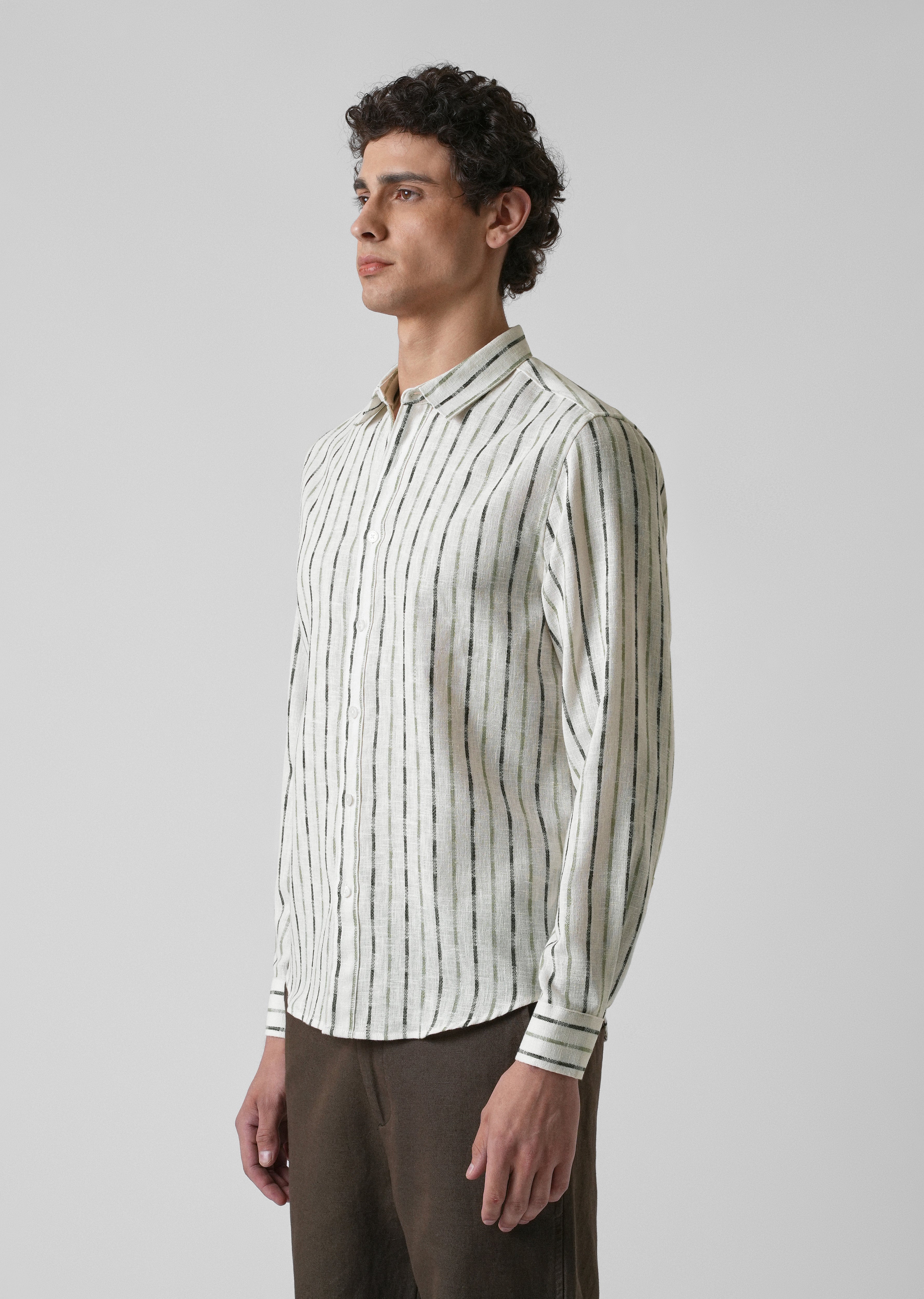 White Green Blended Cotton Striped Shirt