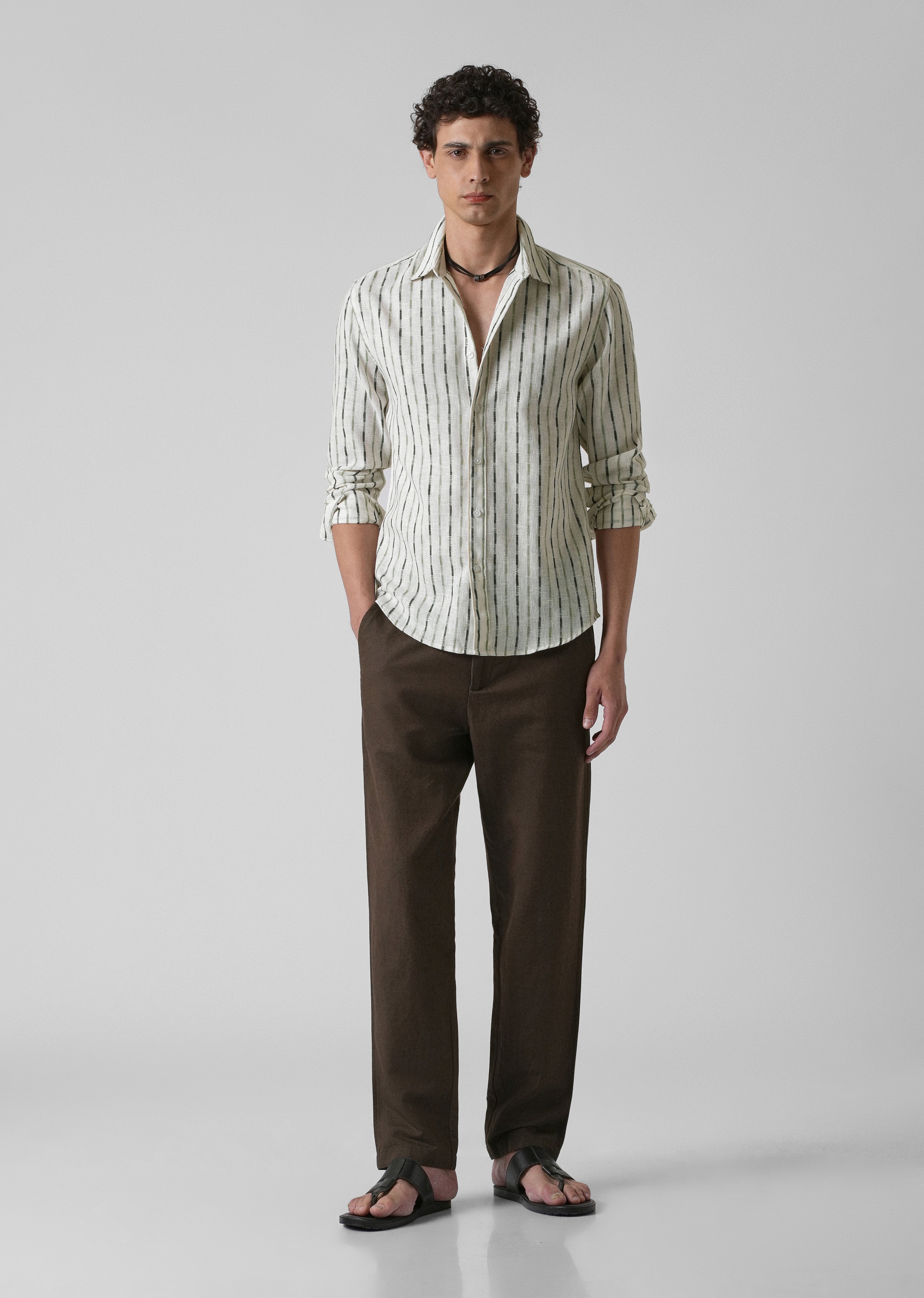 White Green Blended Cotton Striped Shirt