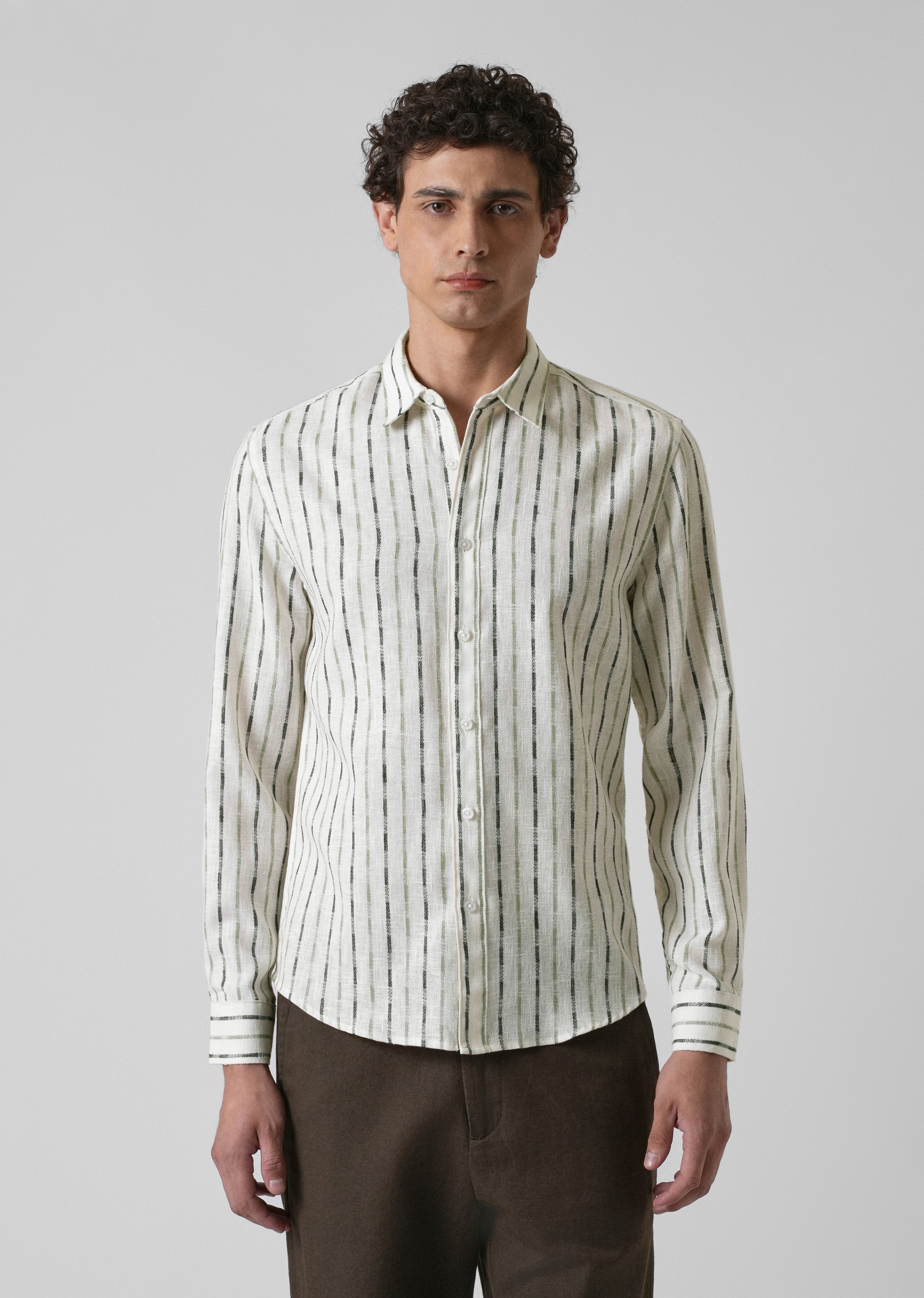 White Green Blended Cotton Striped Shirt