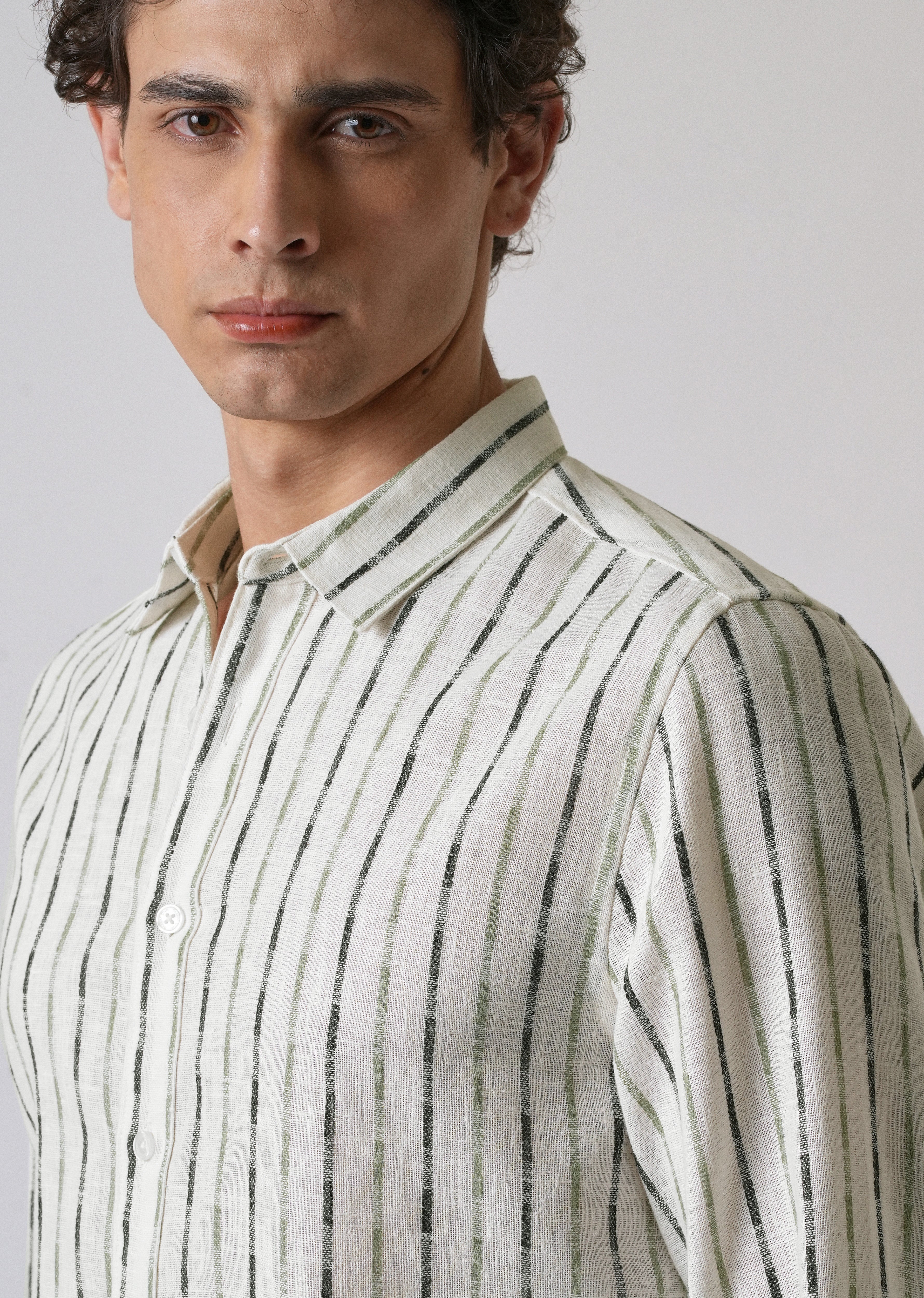 White Green Blended Cotton Striped Shirt
