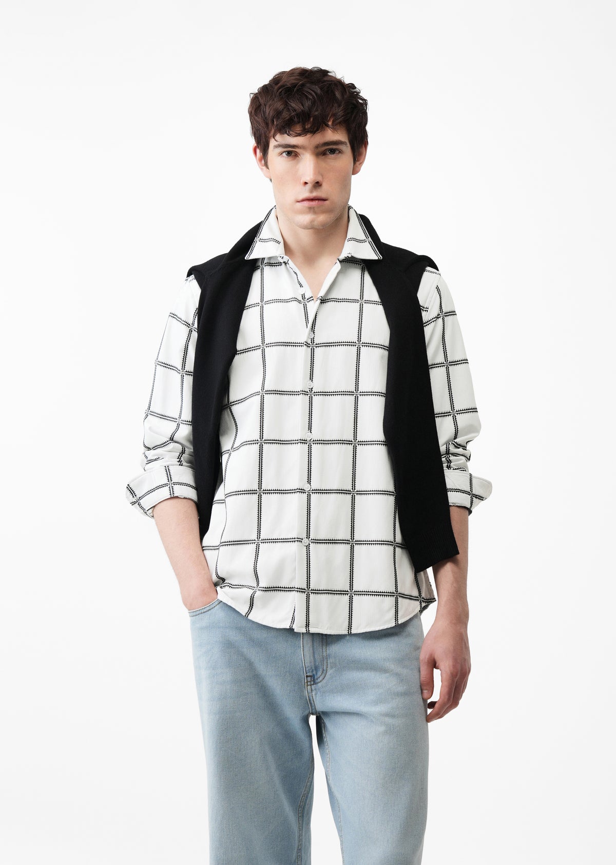 White Grid Jacquard Check Shirt