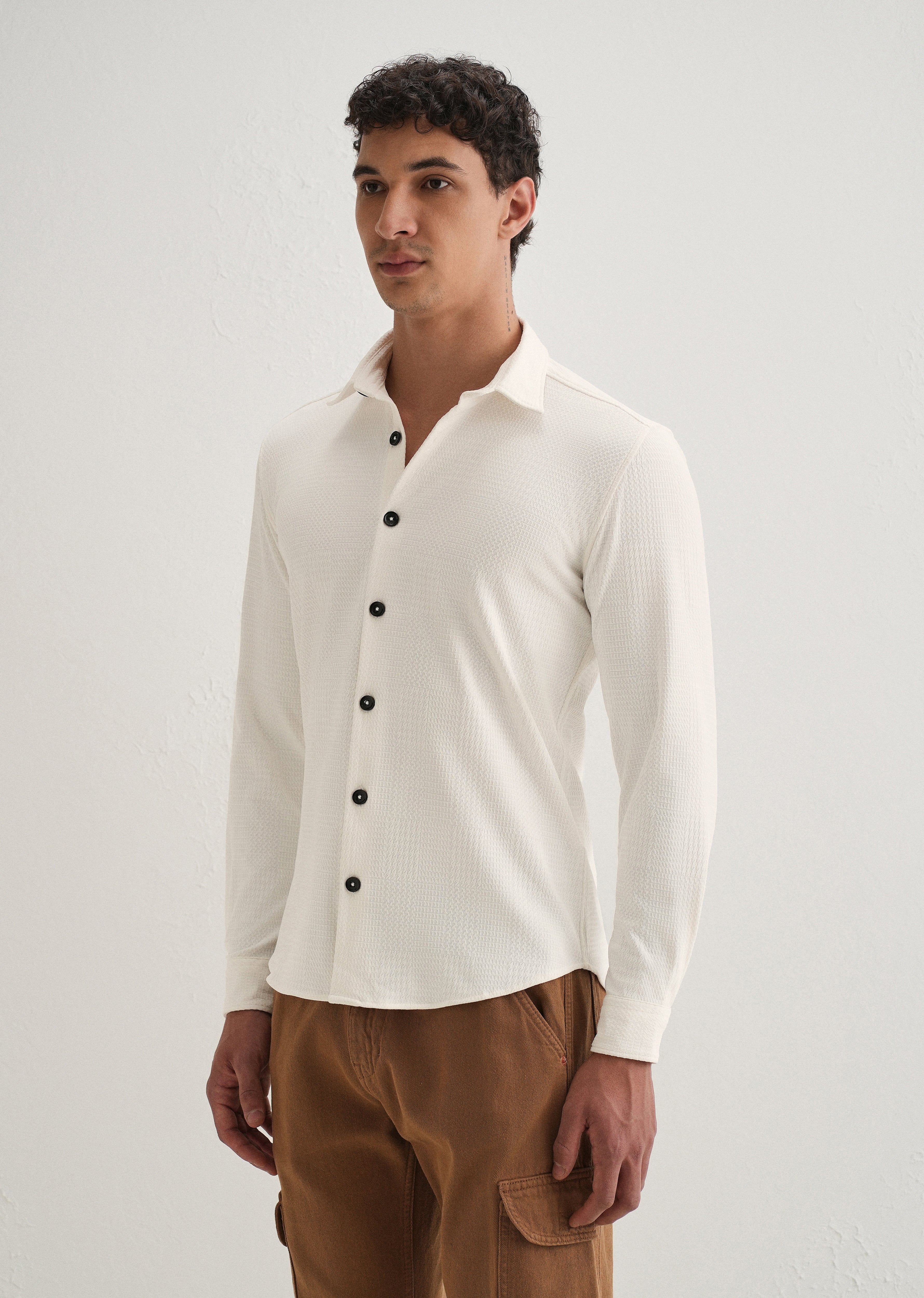 White Grid Textured Knit Shirt