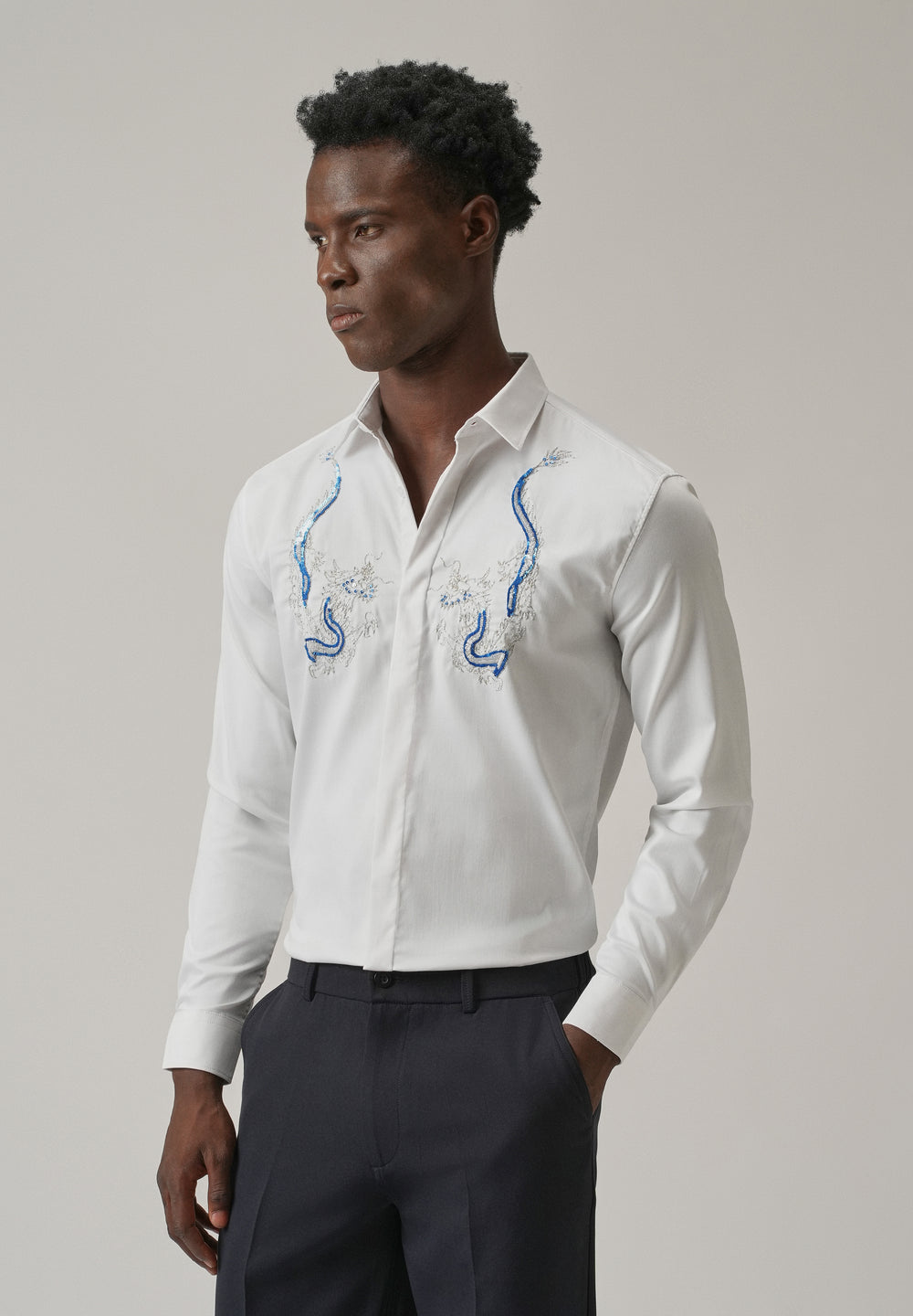 White Handcrafted Dragon Designer Shirt