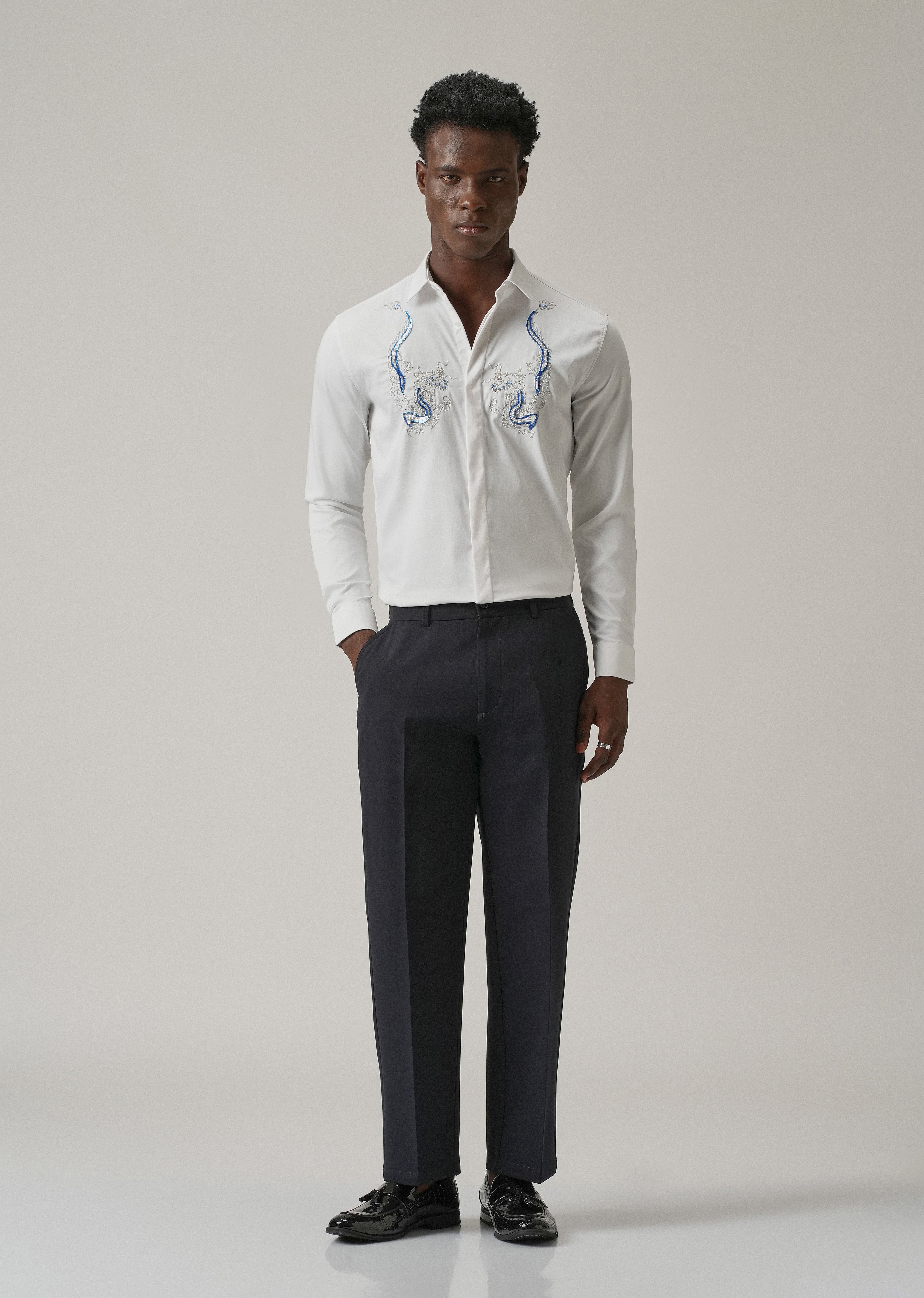 White Handcrafted Dragon Designer Shirt