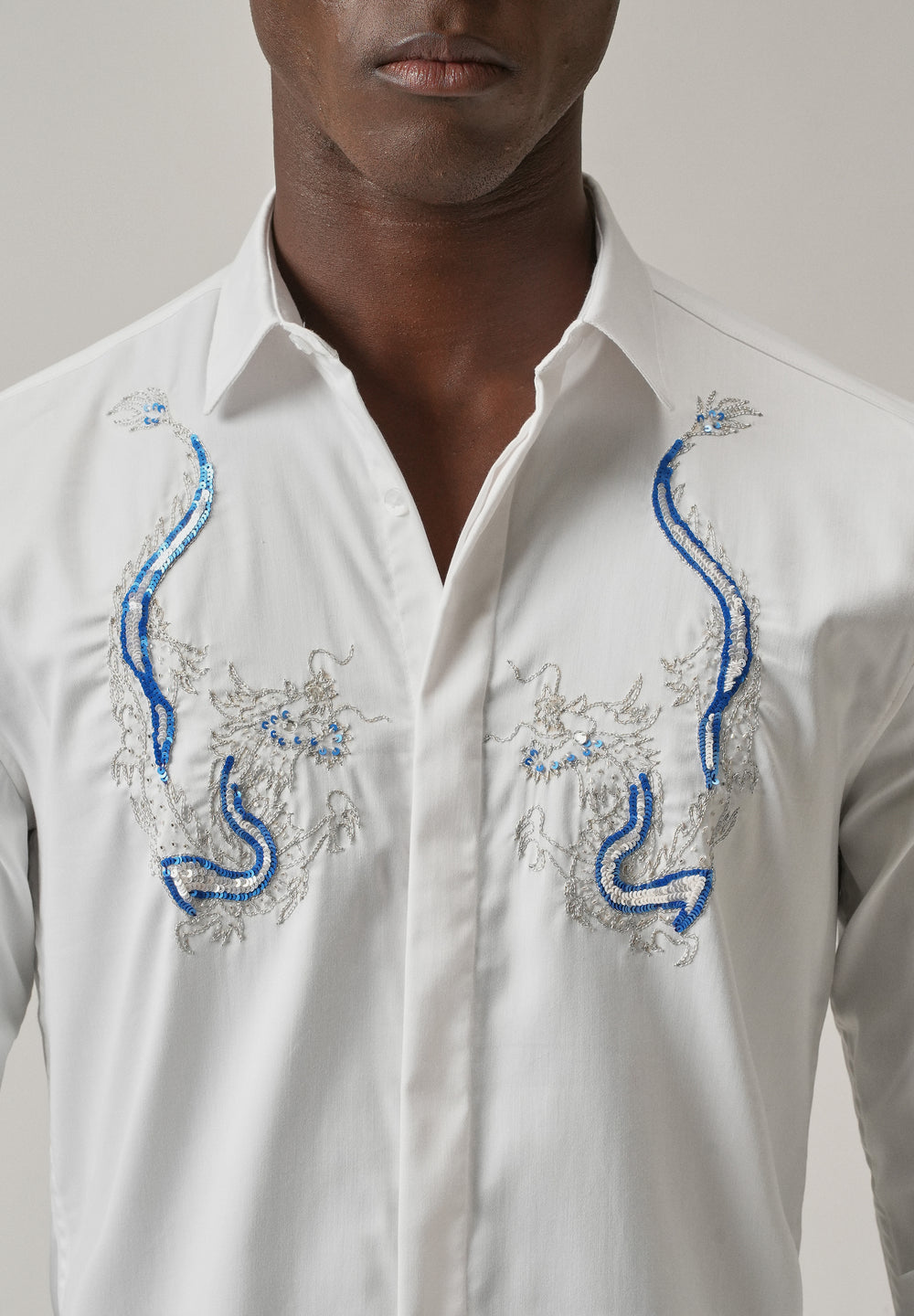 White Handcrafted Dragon Designer Shirt