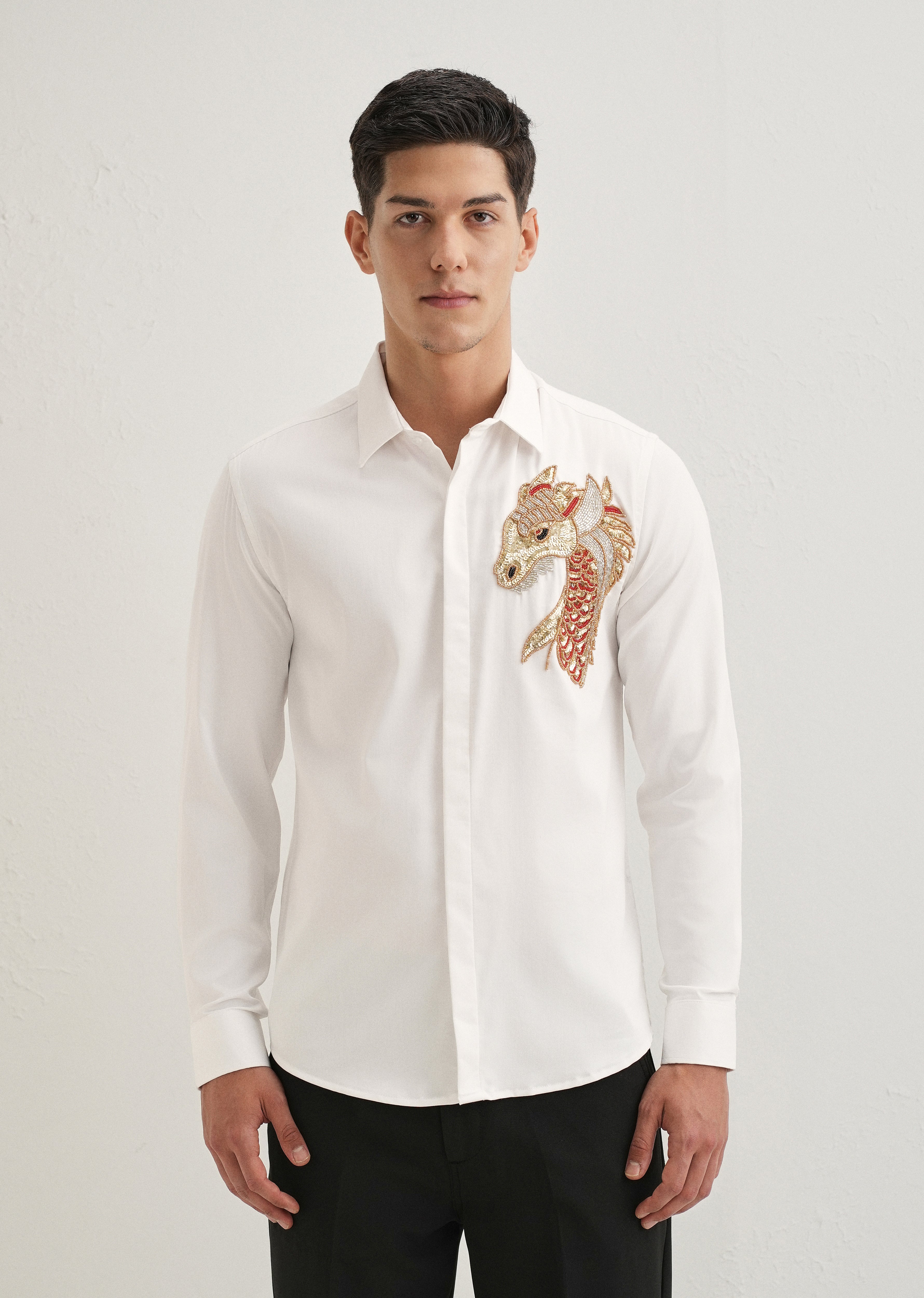 White Embellished Dragon Designer Shirt