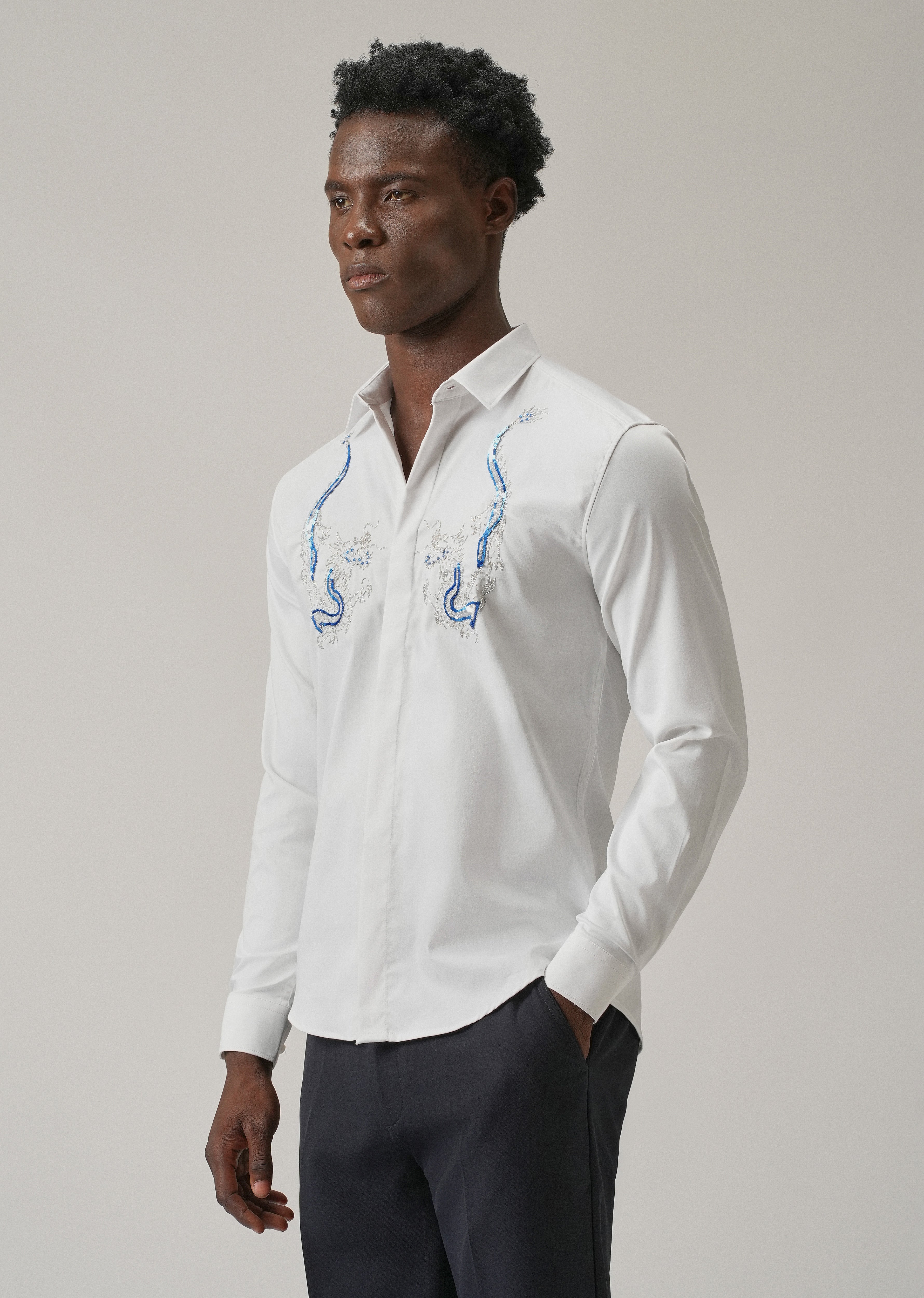 White Handcrafted Dragon Designer Shirt