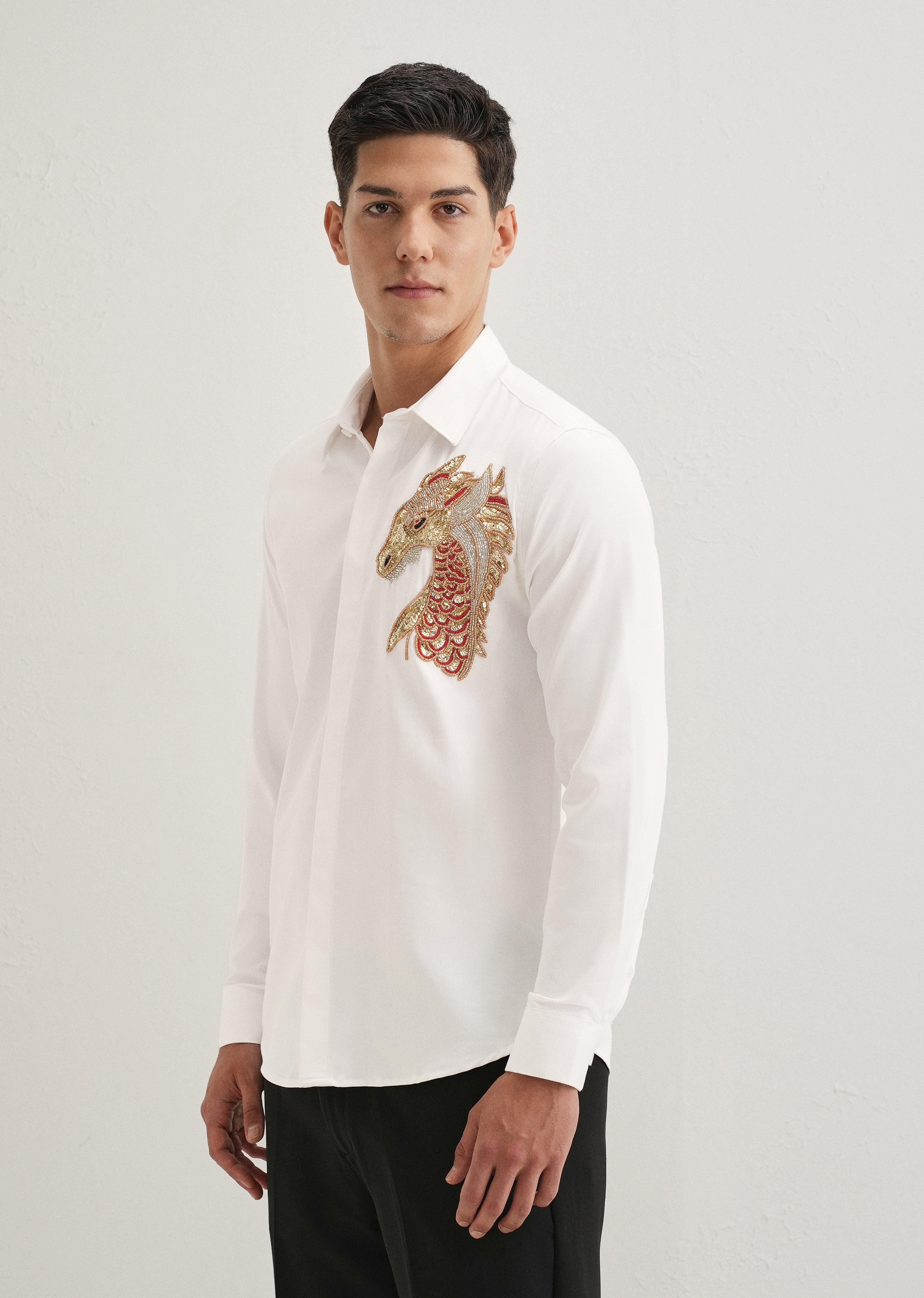 White Embellished Dragon Designer Shirt