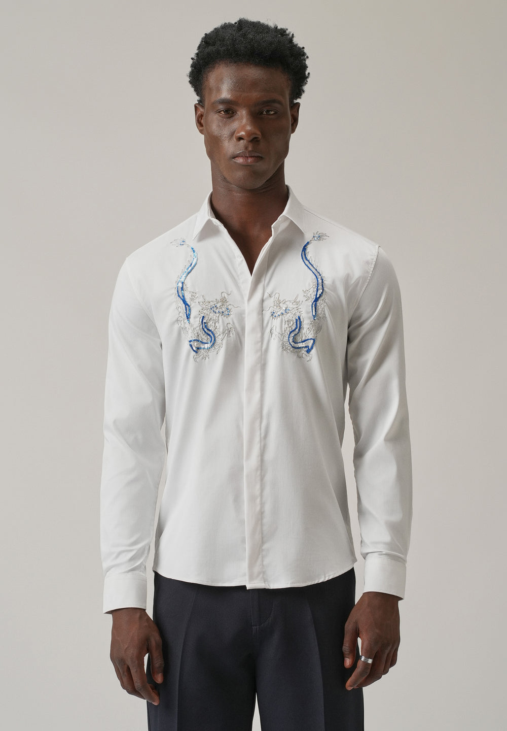 White Handcrafted Dragon Designer Shirt