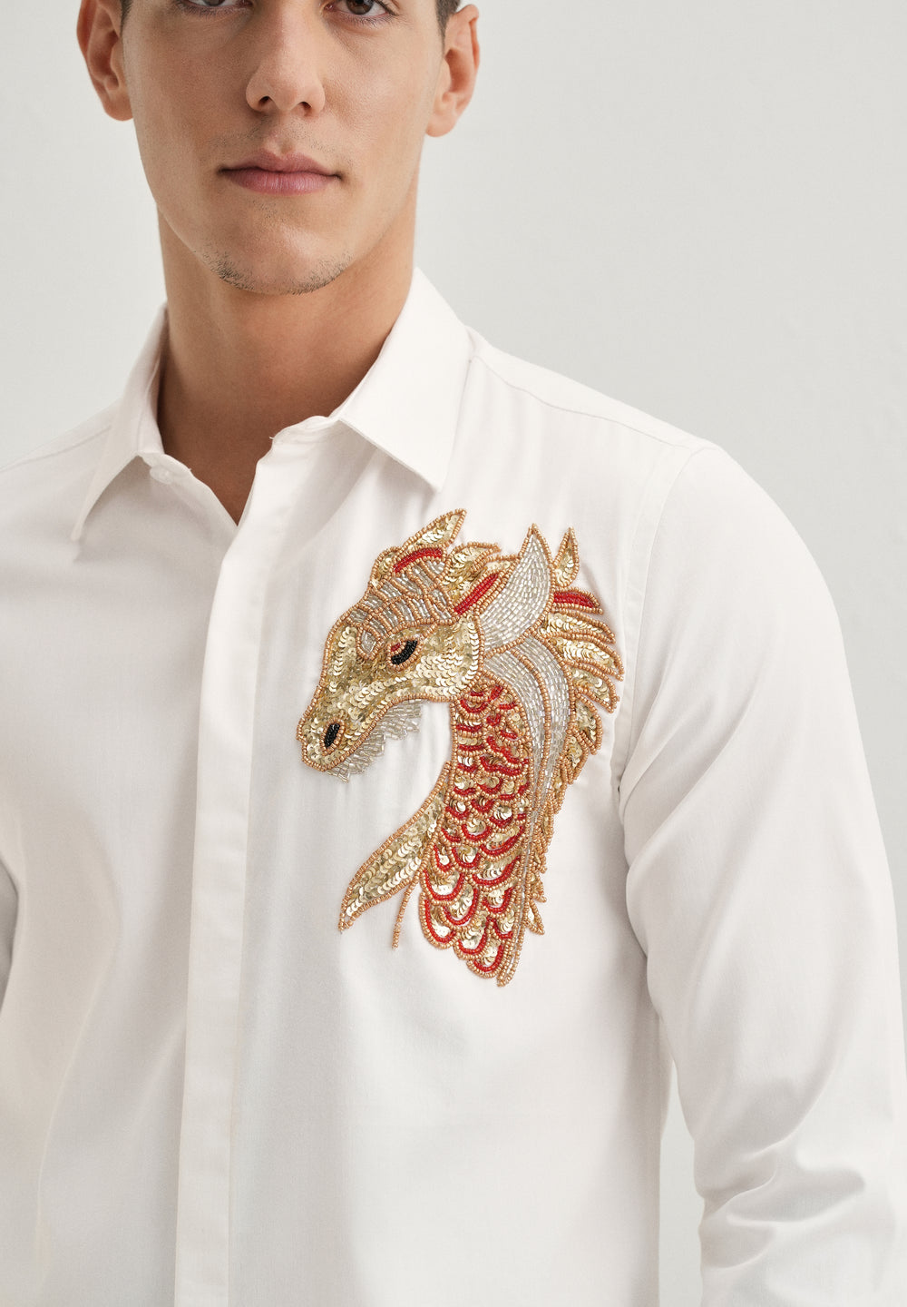 White Embellished Dragon Designer Shirt