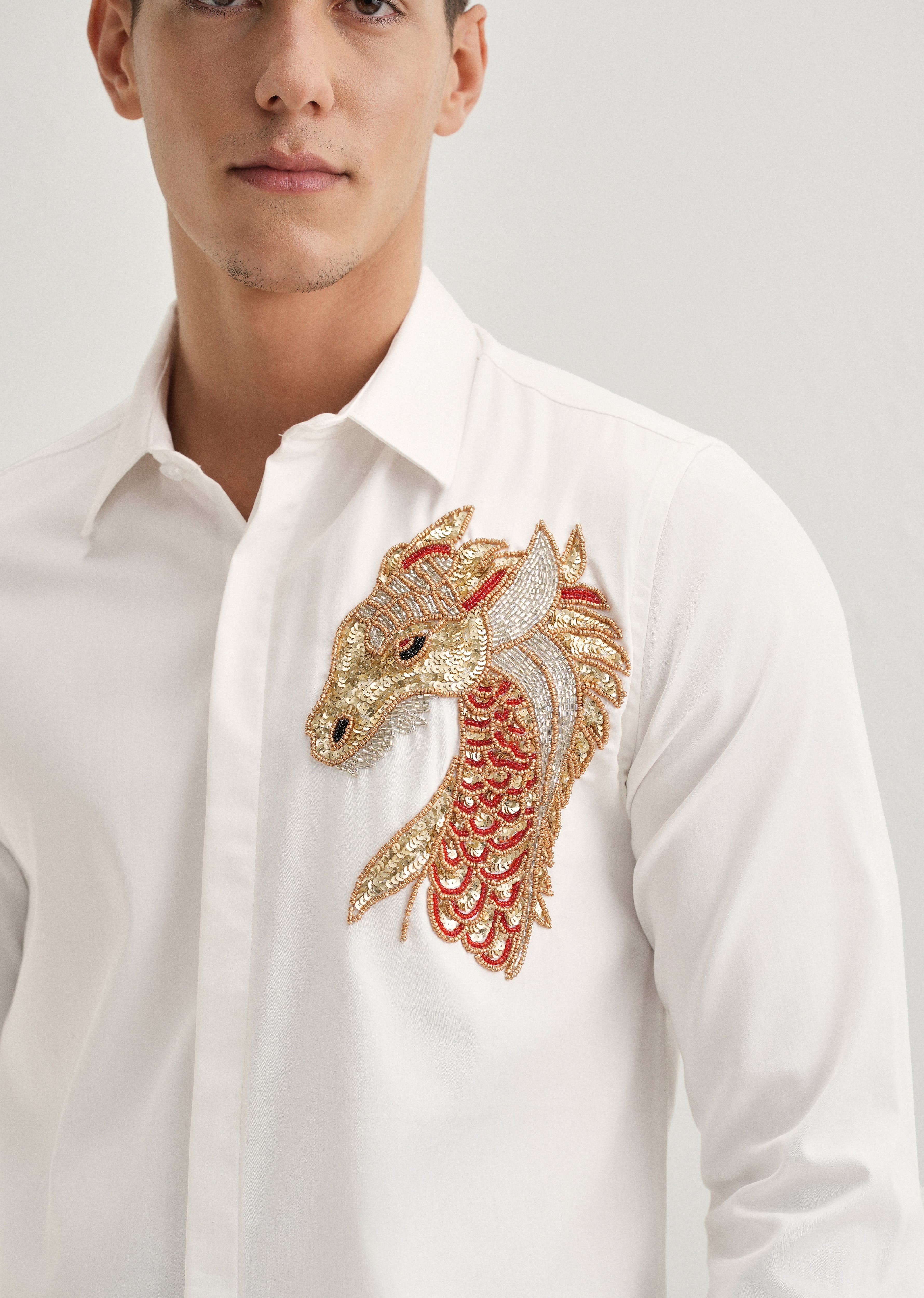 White Embellished Dragon Designer Shirt
