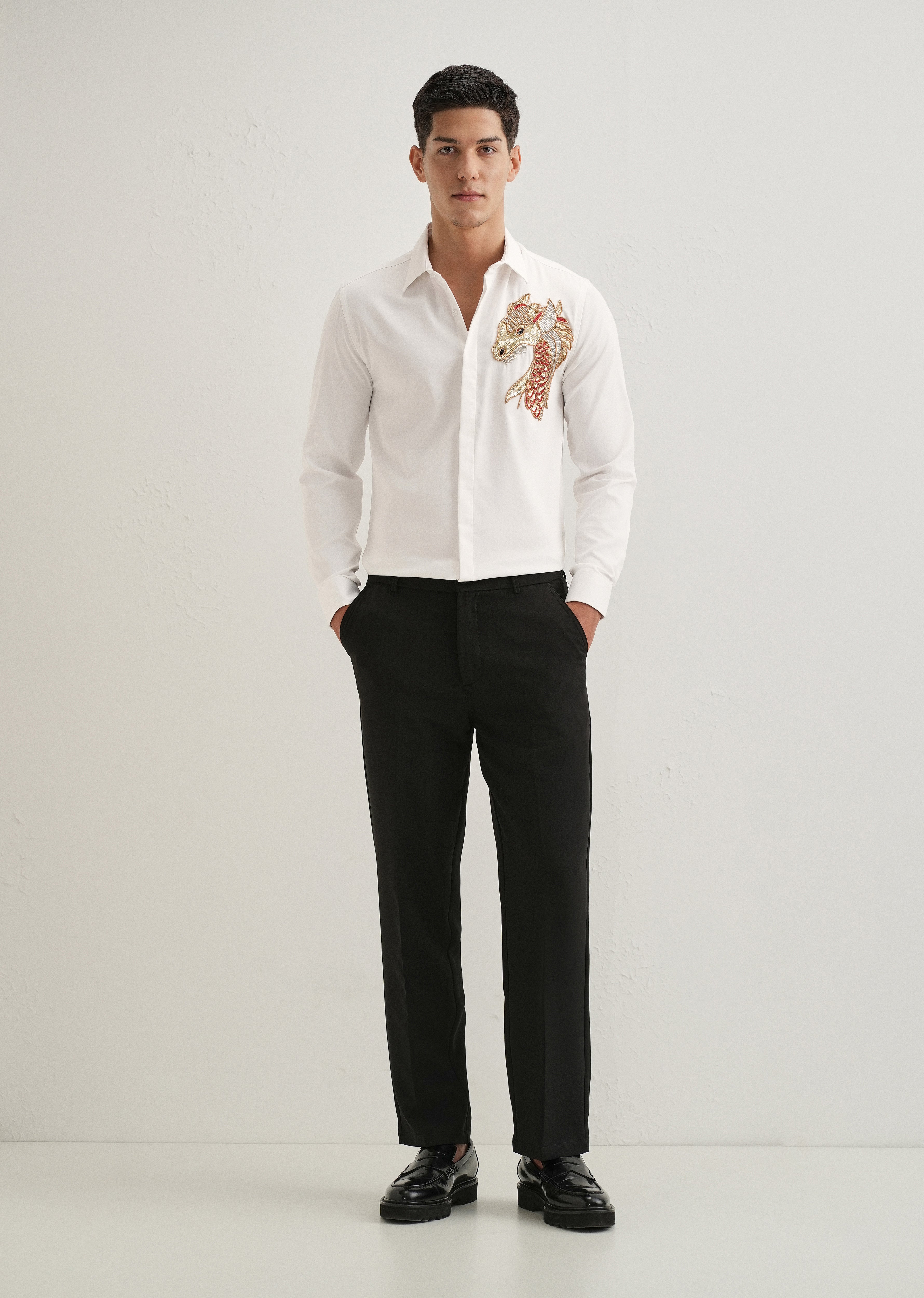 White Embellished Dragon Designer Shirt