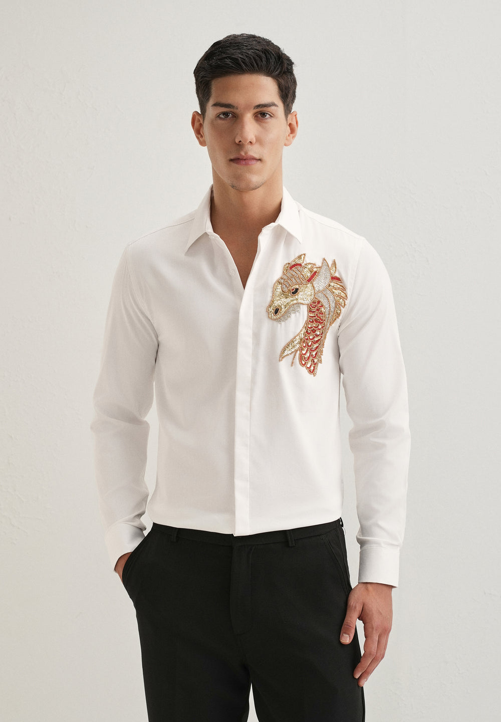 White Embellished Dragon Designer Shirt