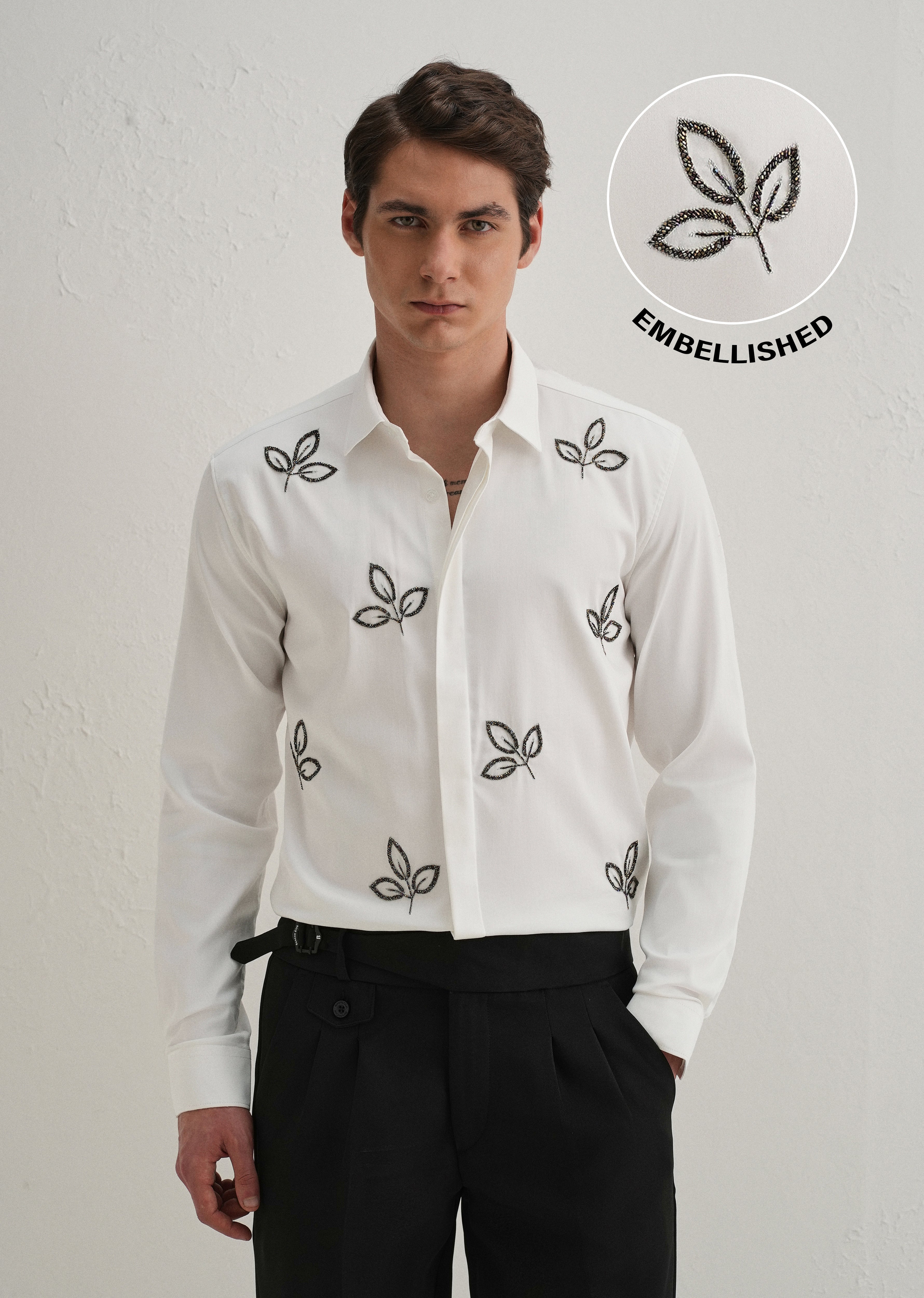 White Handcrafted Leaf Designer Shirt