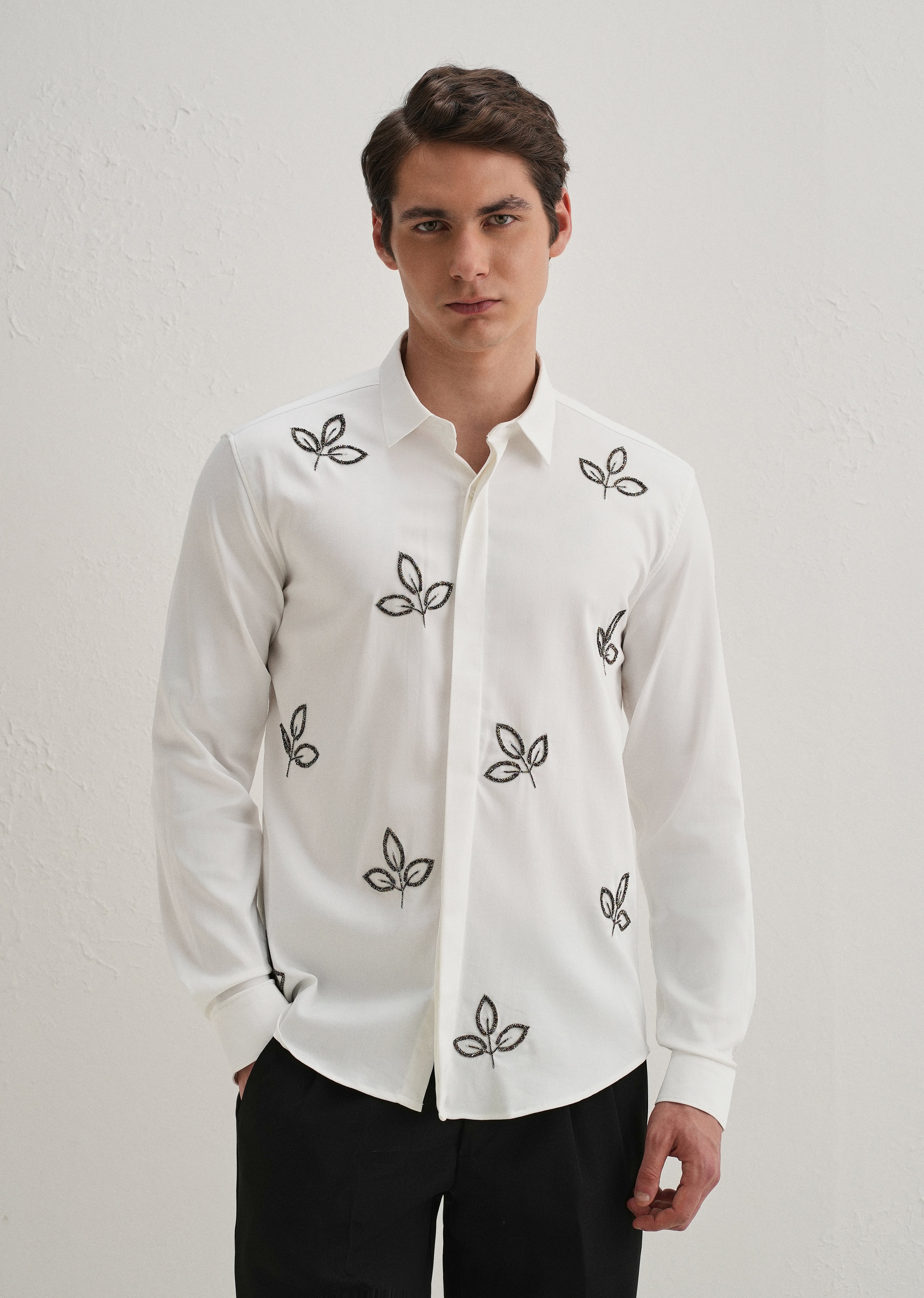 White Handcrafted Leaf Embroidery Shirt