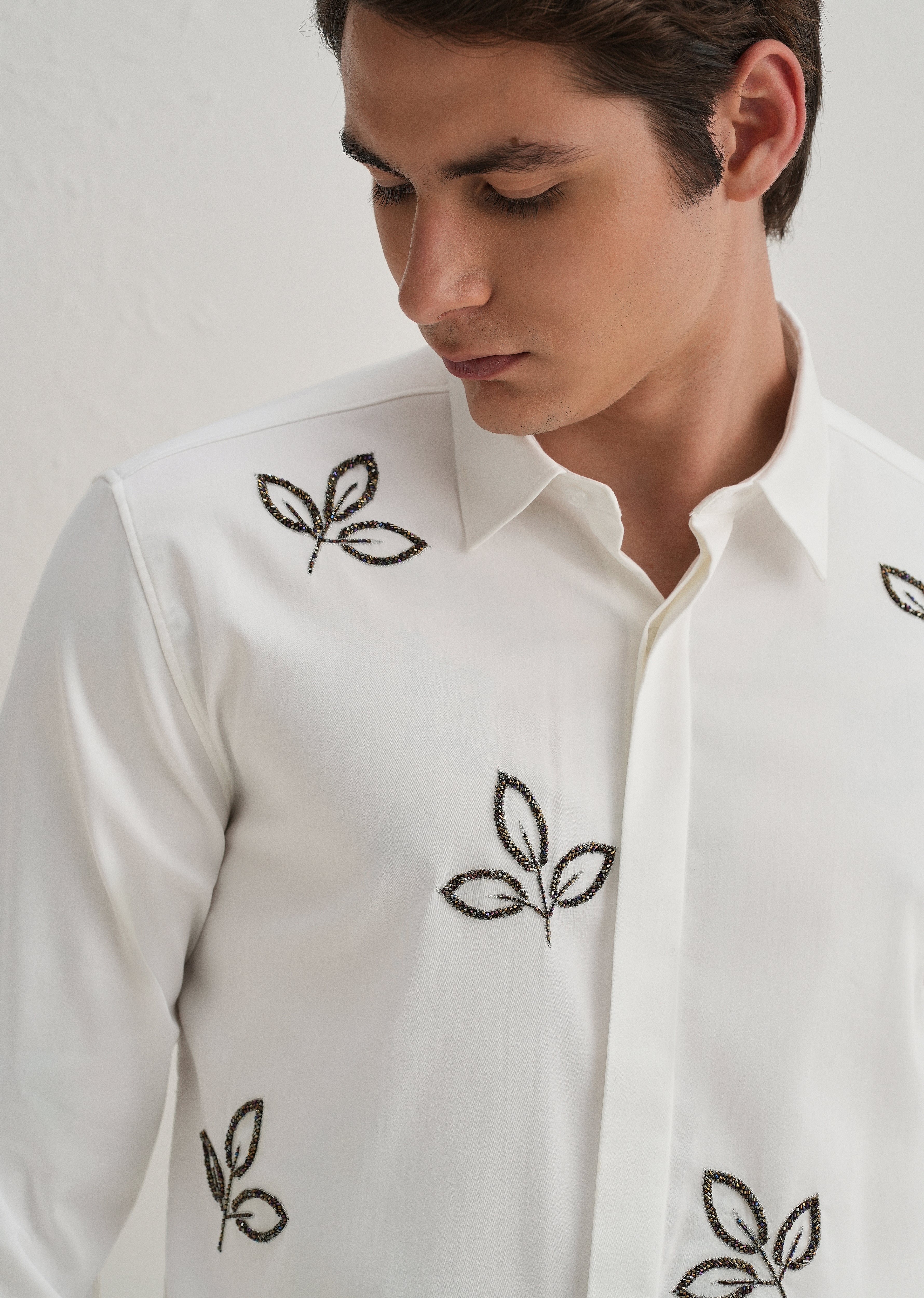 White Handcrafted Leaf Designer Shirt