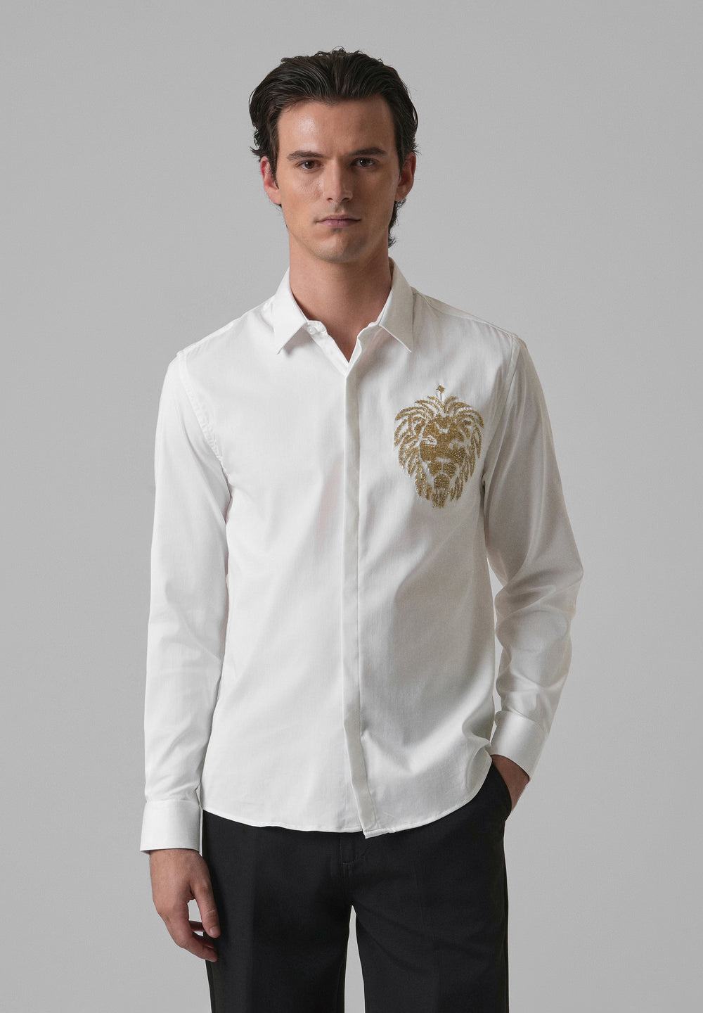 White Handcrafted Lion Embroidery Designer Shirt