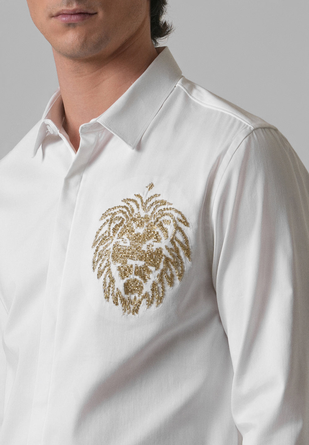 White Handcrafted Lion Embroidery Designer Shirt