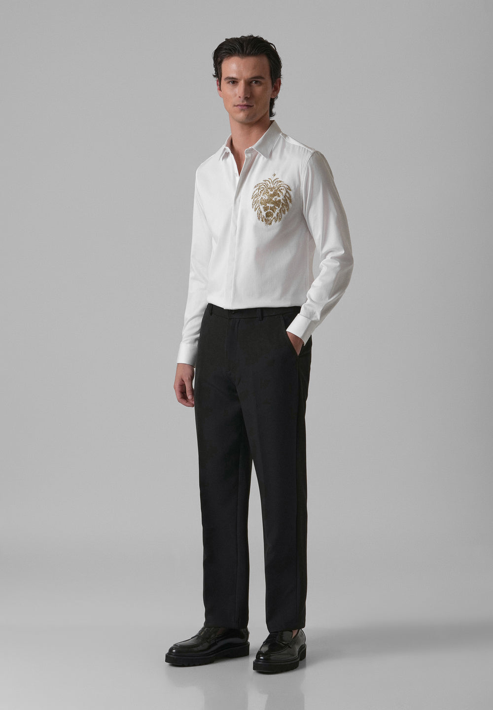 White Handcrafted Lion Embroidery Designer Shirt