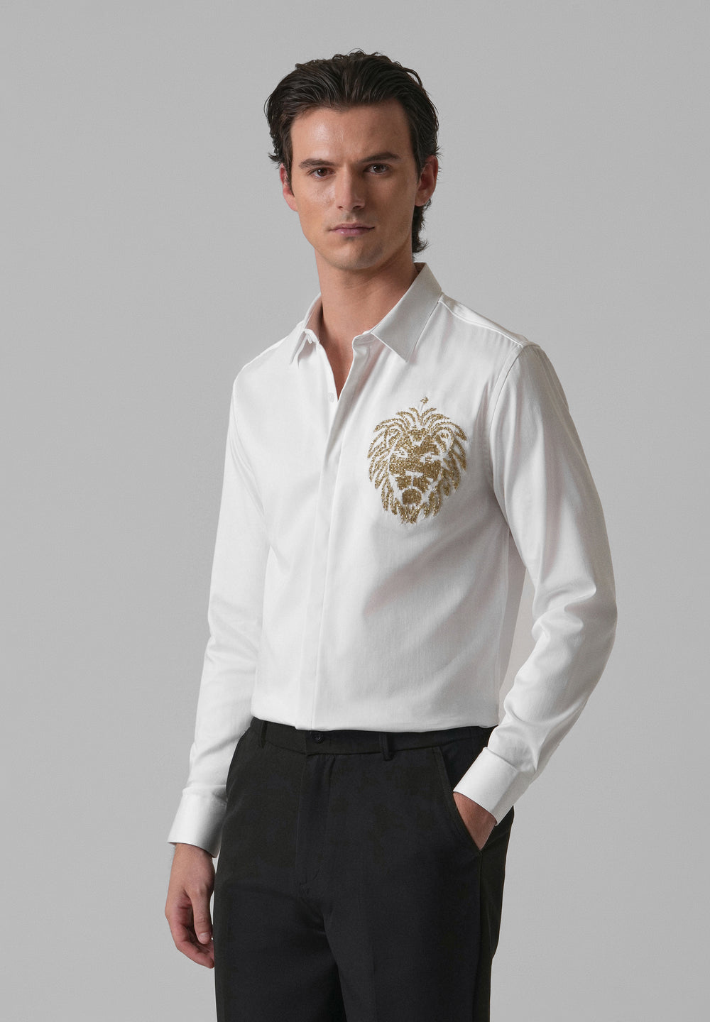 White Handcrafted Lion Embroidery Designer Shirt