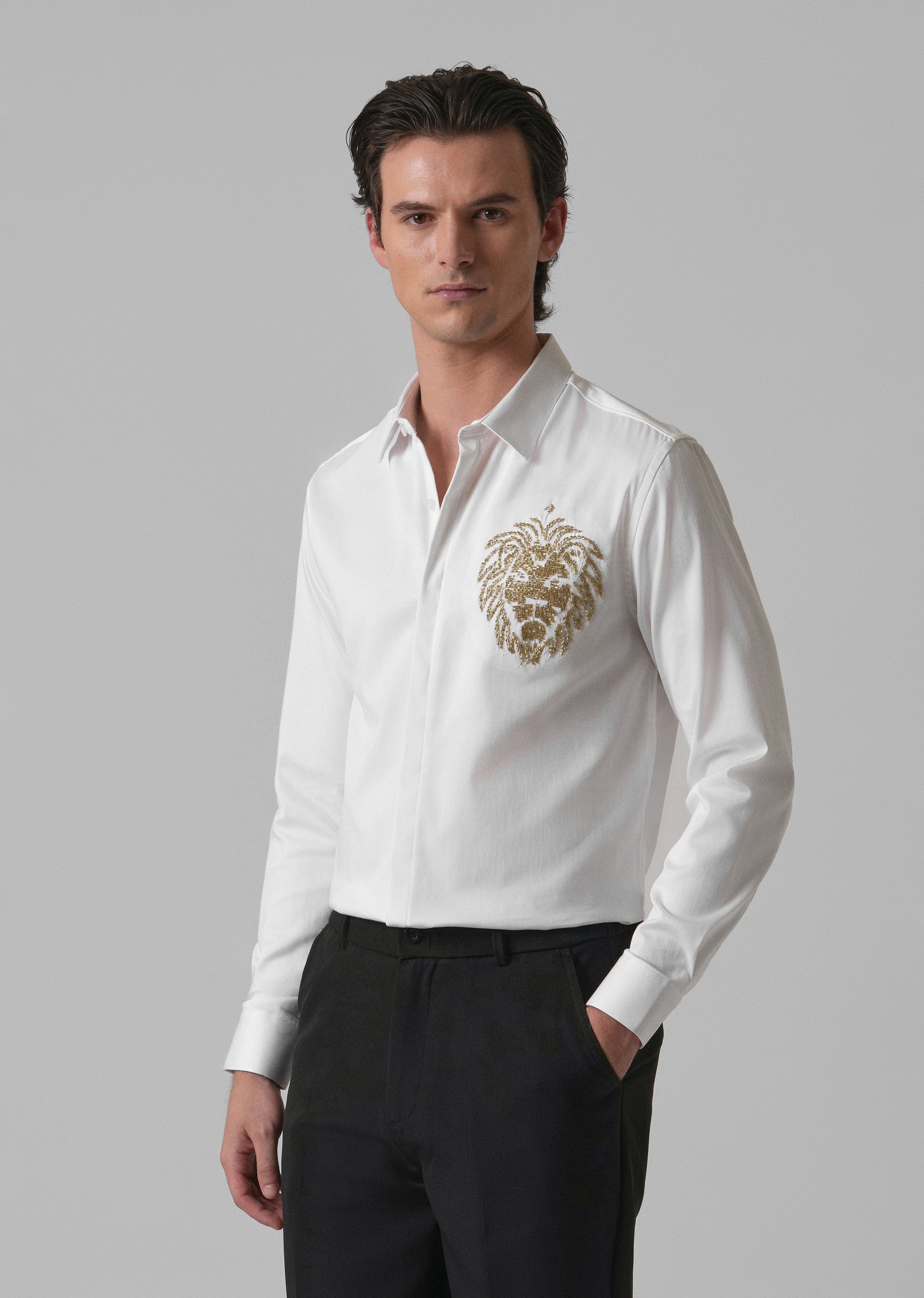 White Handcrafted Lion Embroidery Designer Shirt