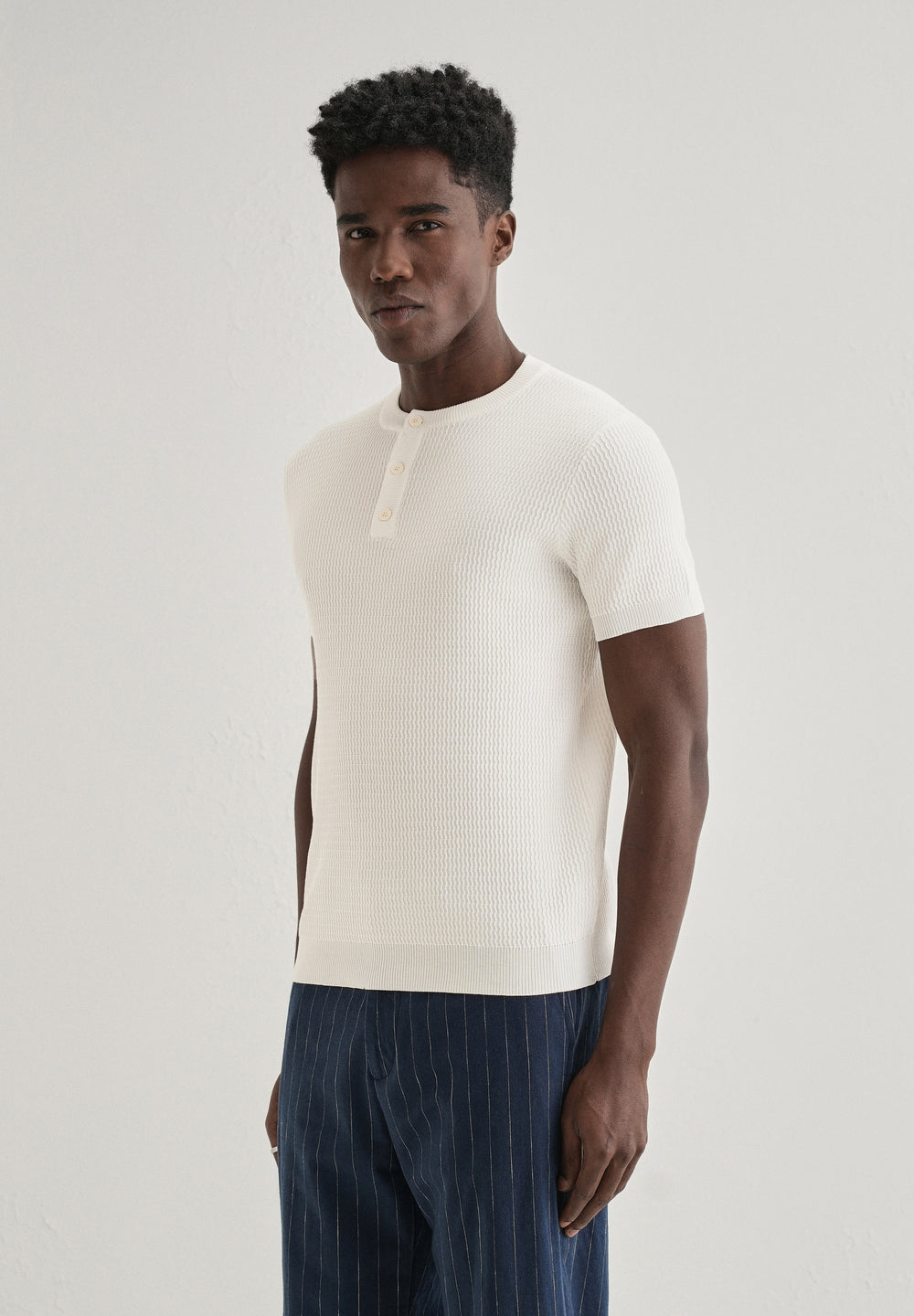 White Henley Neck Knitted T-shirt