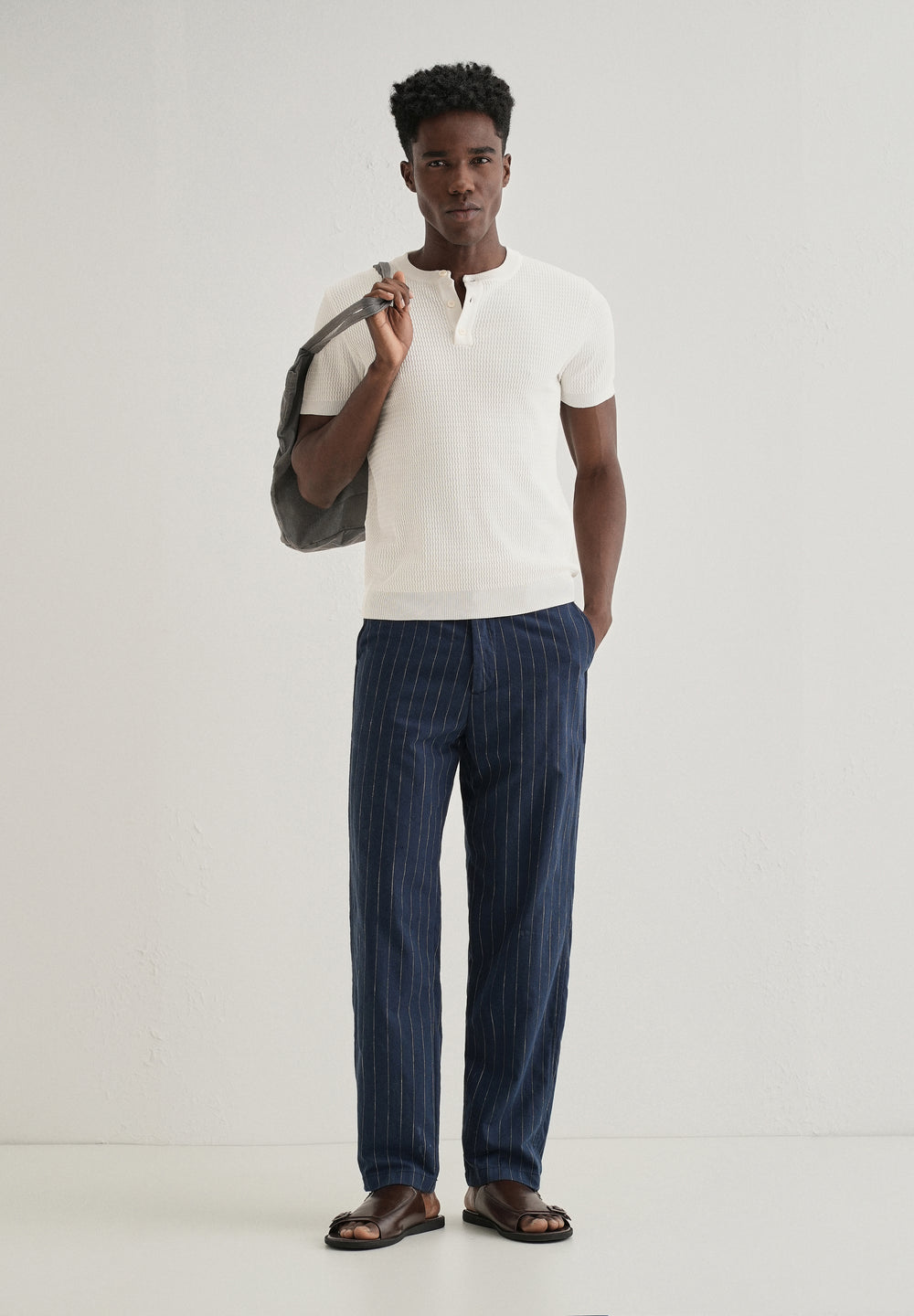 White Henley Neck Knitted T-shirt