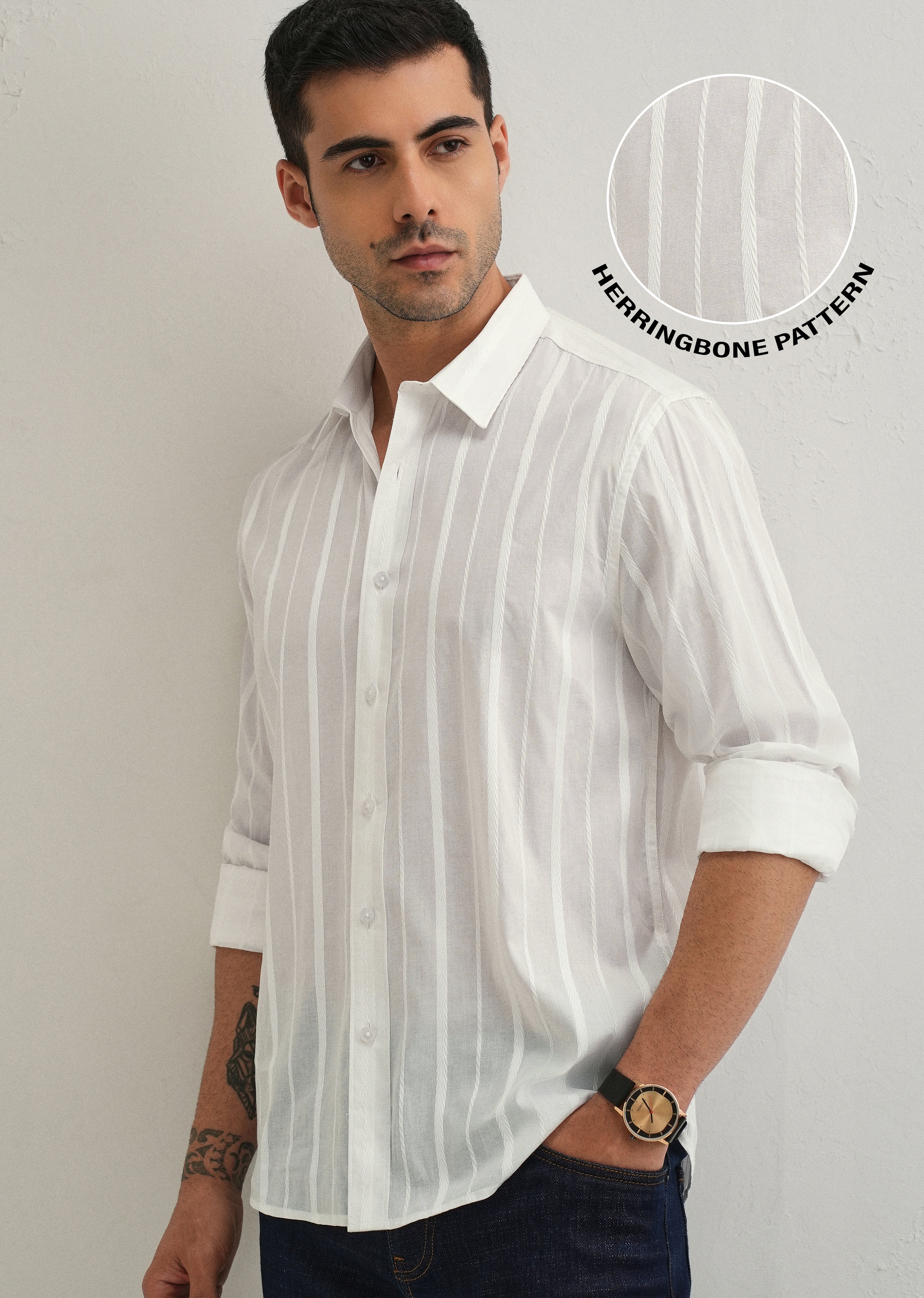 White Herringbone Pattern Shirt