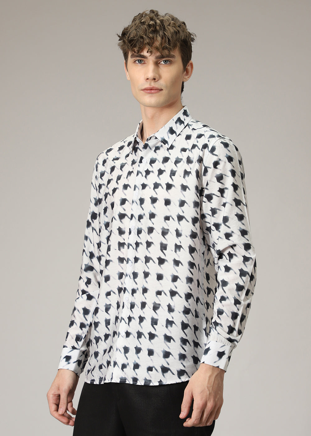 White Herringbone Print Shirt