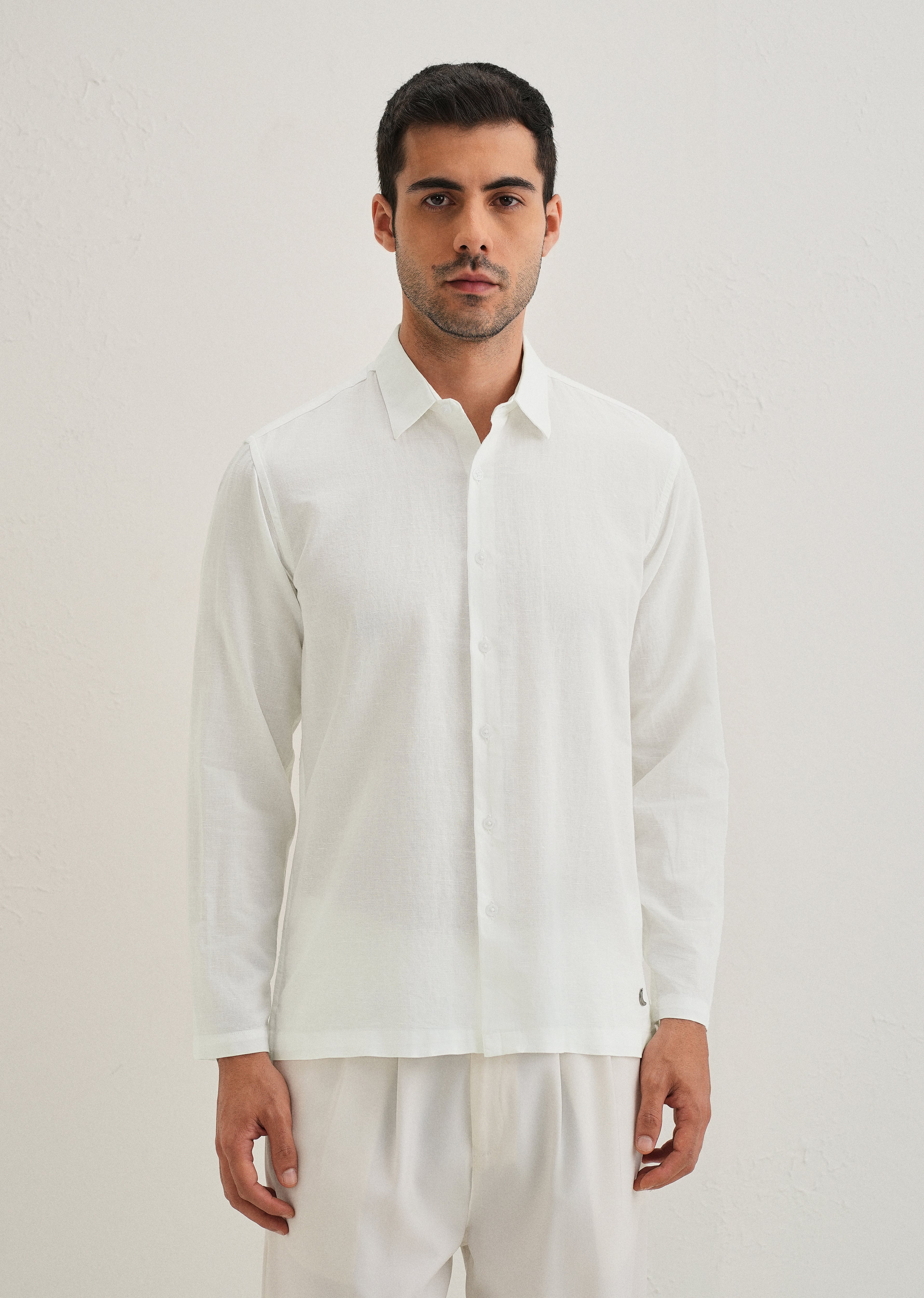 White Hidden Sleeve Placket Cotton Linen Shirt
