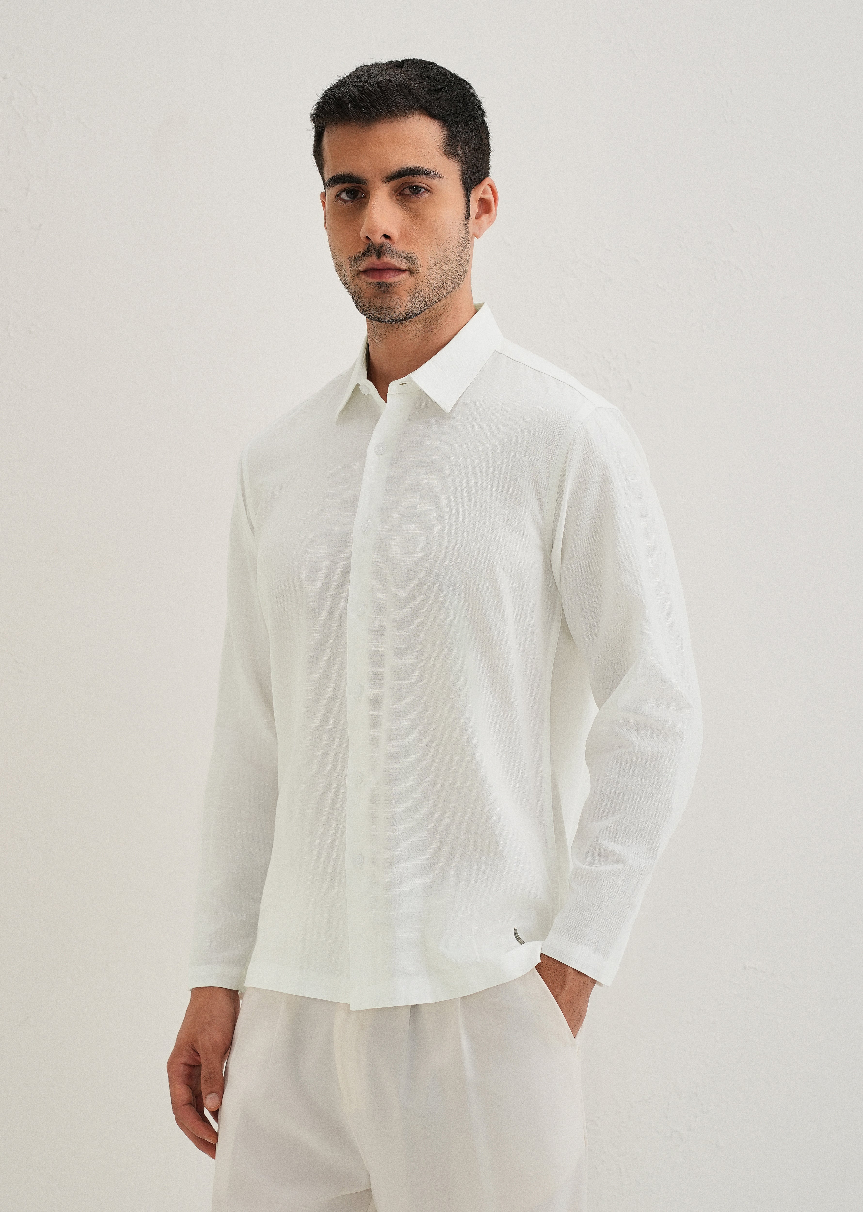 White Hidden Sleeve Placket Cotton Linen Shirt