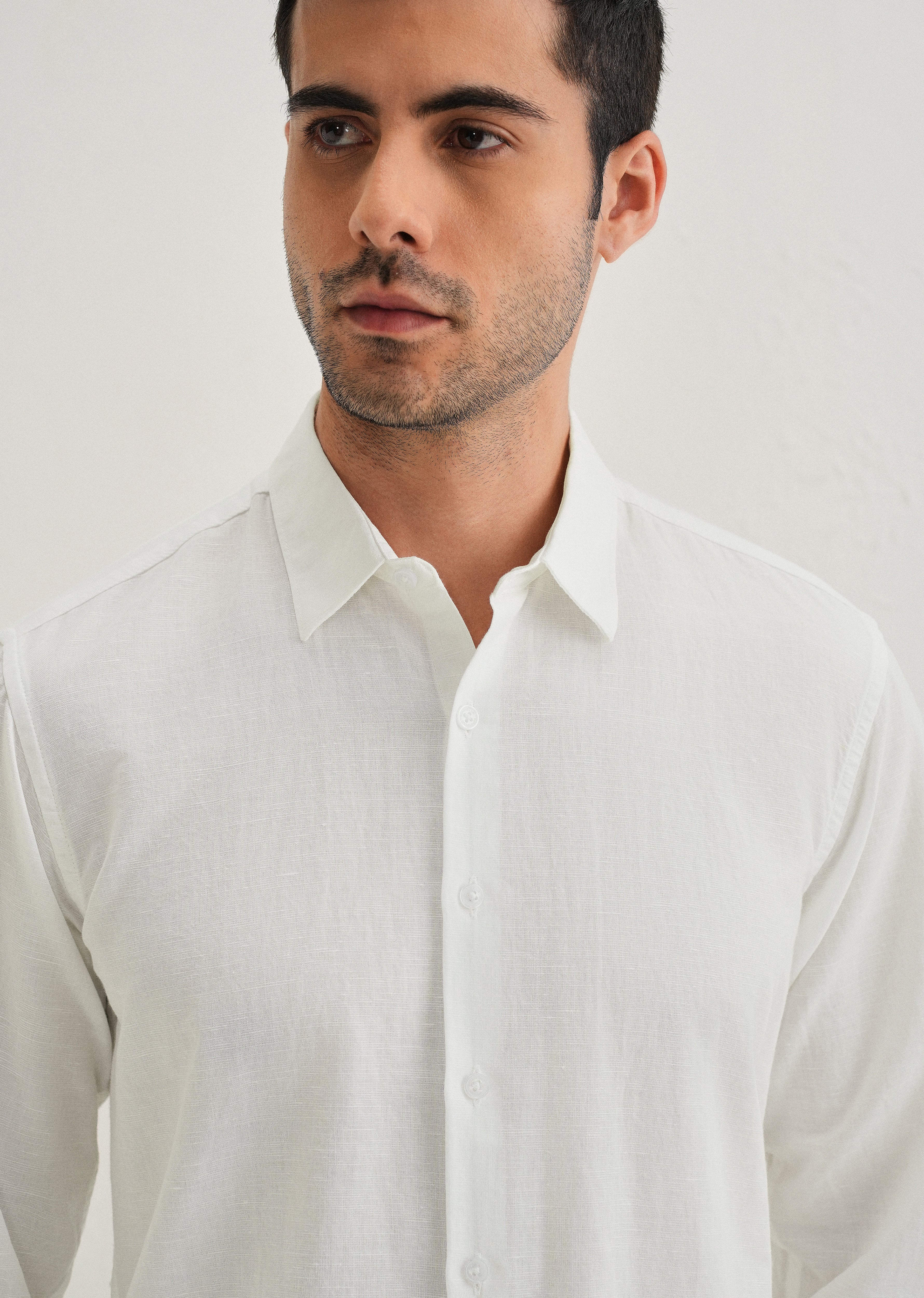 White Hidden Sleeve Placket Cotton Linen Shirt