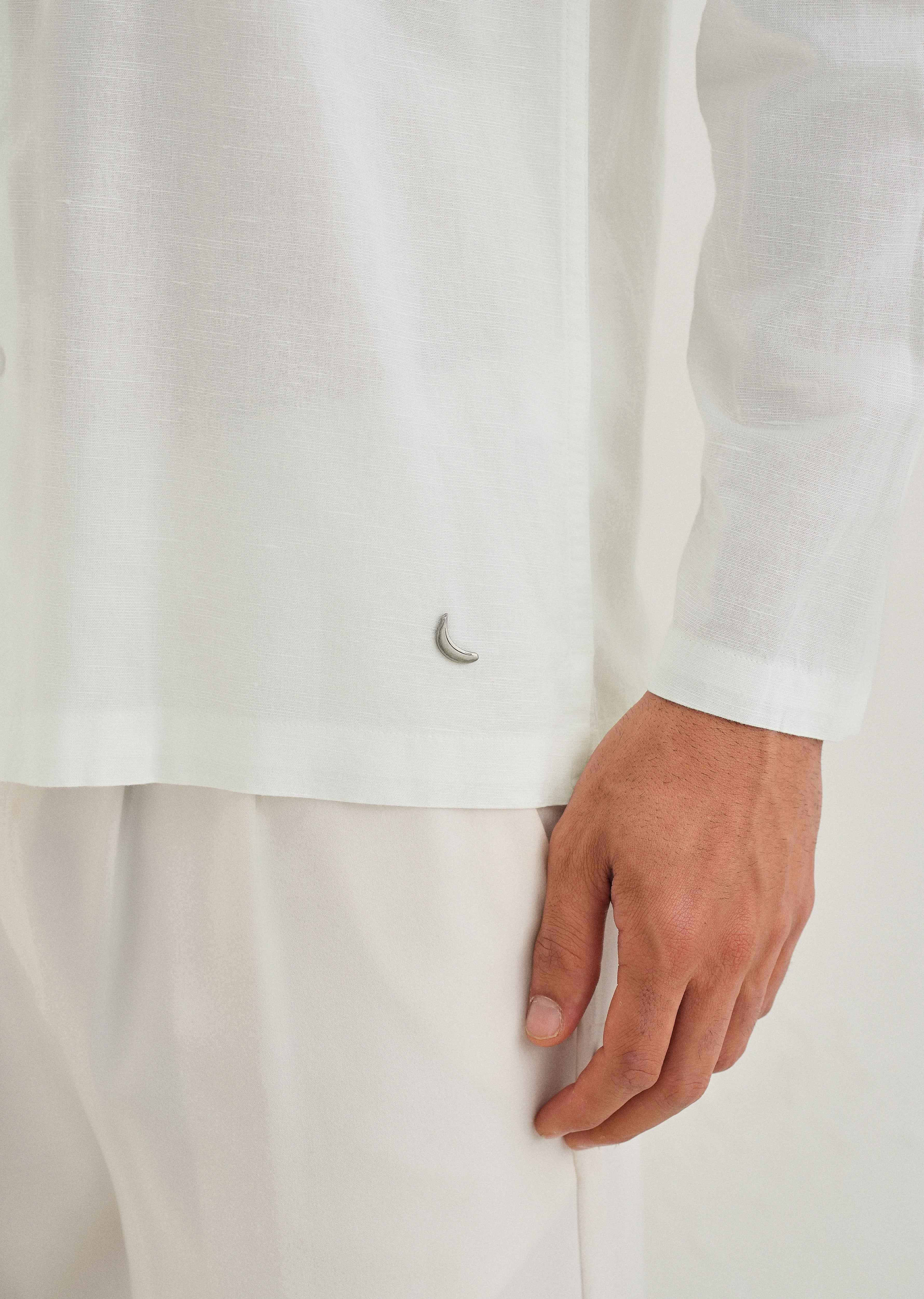 White Hidden Sleeve Placket Cotton Linen Shirt