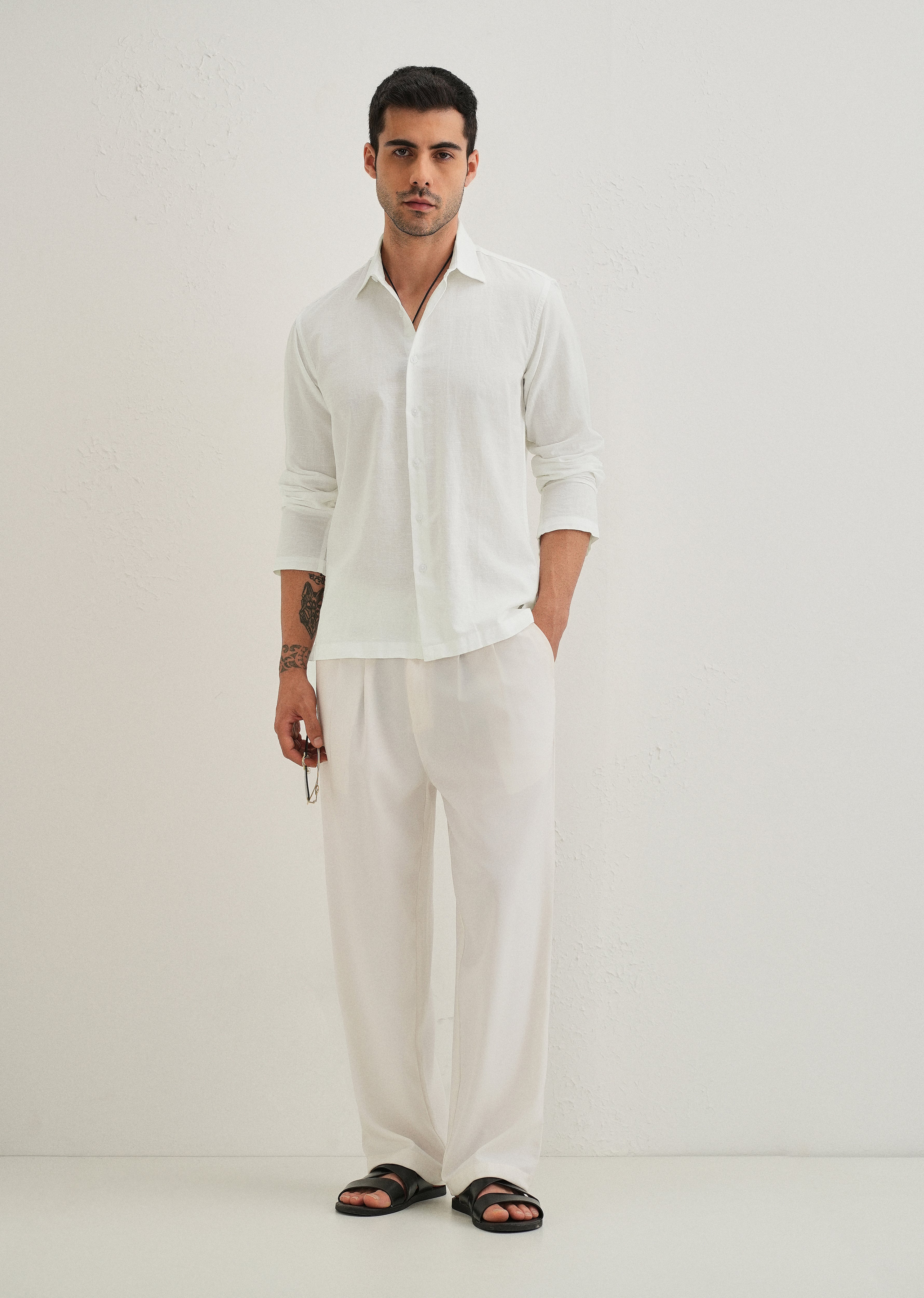 White Hidden Sleeve Placket Cotton Linen Shirt